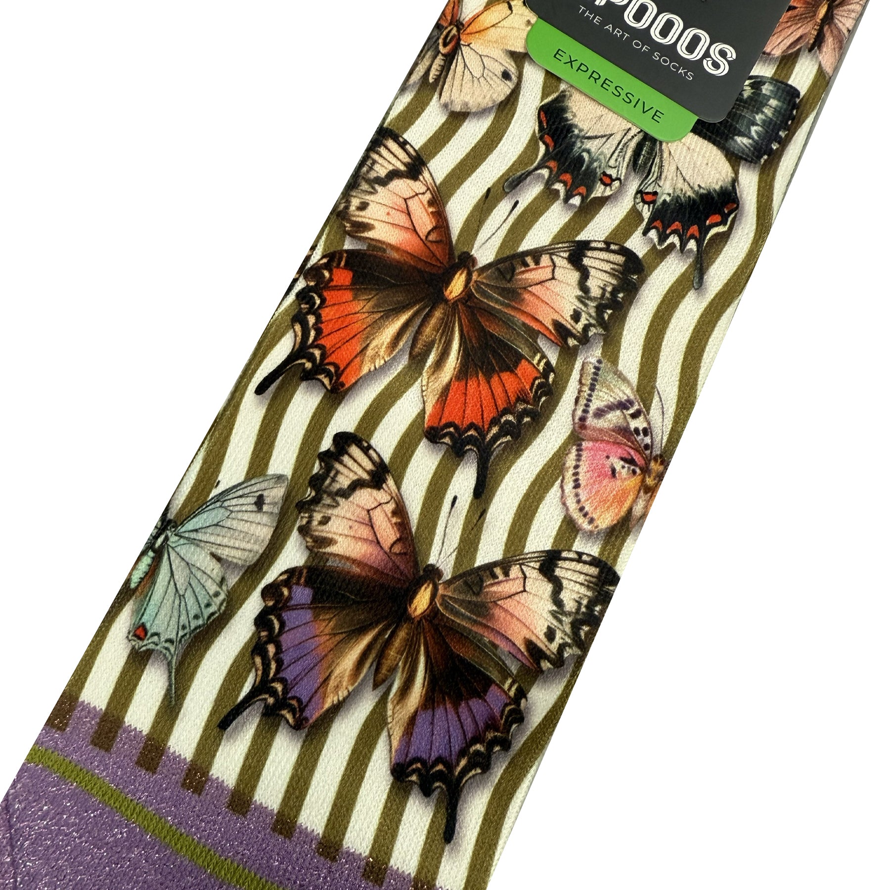 Close-up angled view of XP000S butterfly print short socks showing detailed coral, purple and cream butterflies over olive striped background