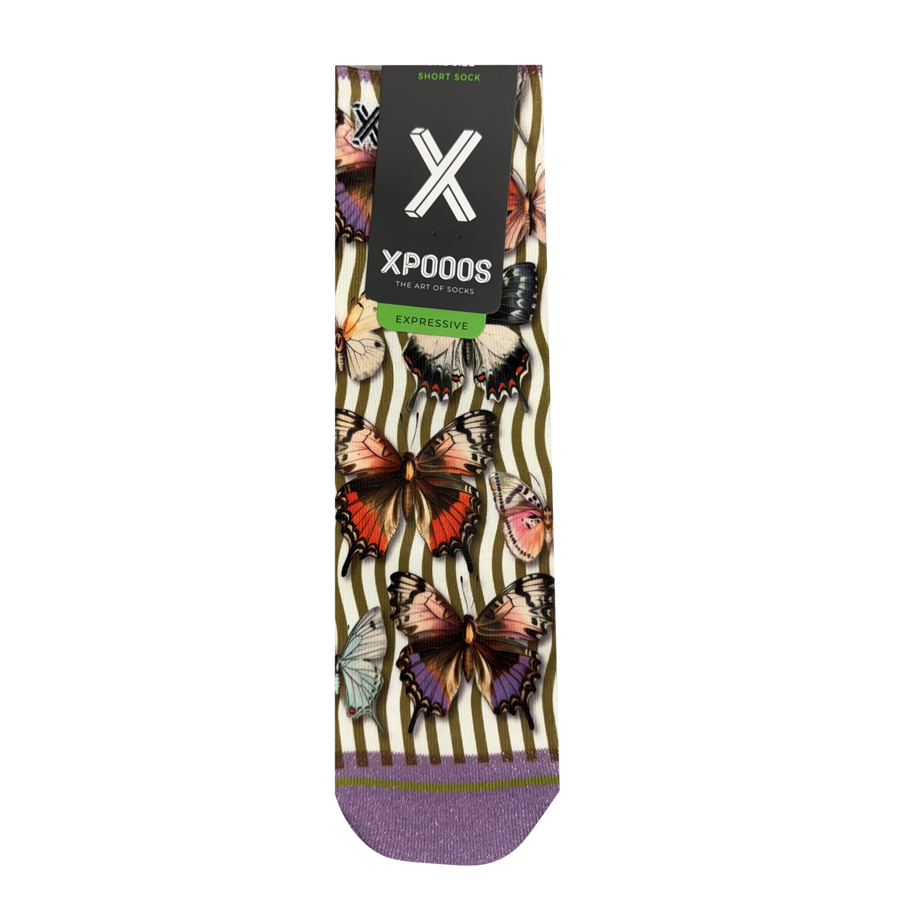 Flat lay of XP000S short socks featuring vibrant butterfly pattern, olive vertical stripes, lilac toe and branded black packaging label
