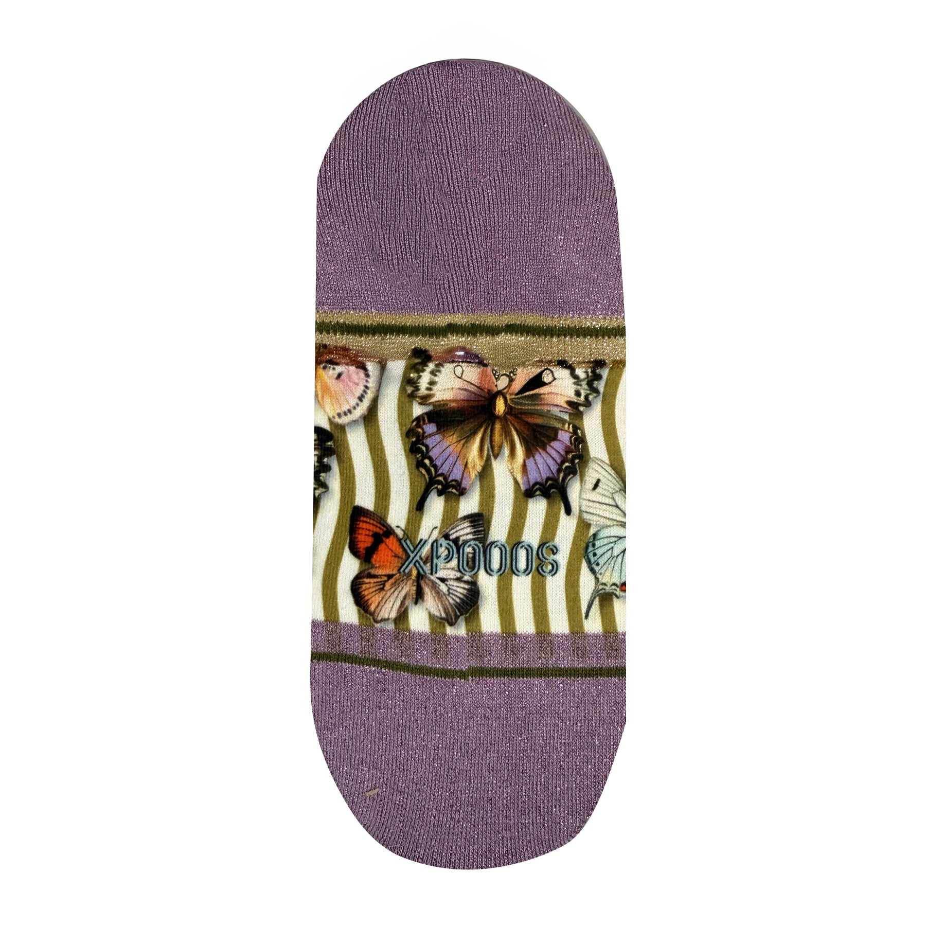 Lavender no-show socks with multicolour butterfly print and olive stripes, metallic trim detail and XP000S logo on white background.