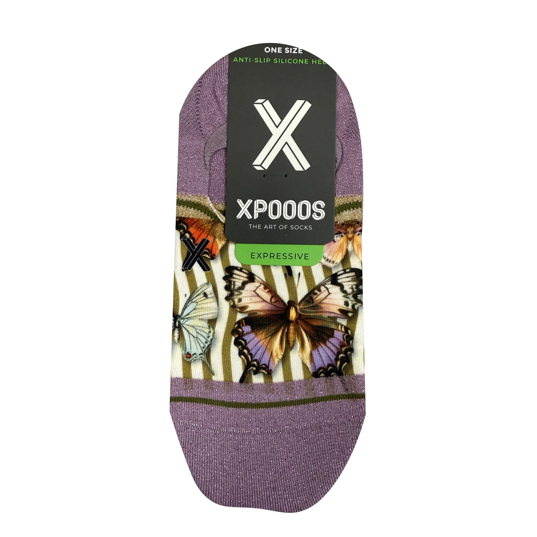 XP000S lavender butterfly print no-show socks with anti-slip silicone heel packaging and metallic stripe accents.