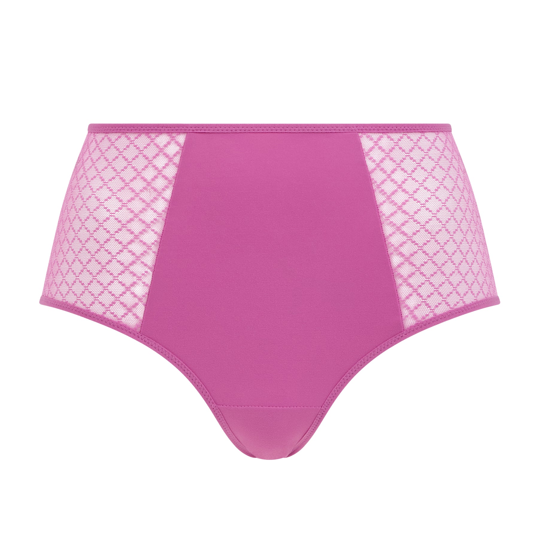 Front view of a pink full brief featuring a smooth front panel and sheer mesh side detailing.