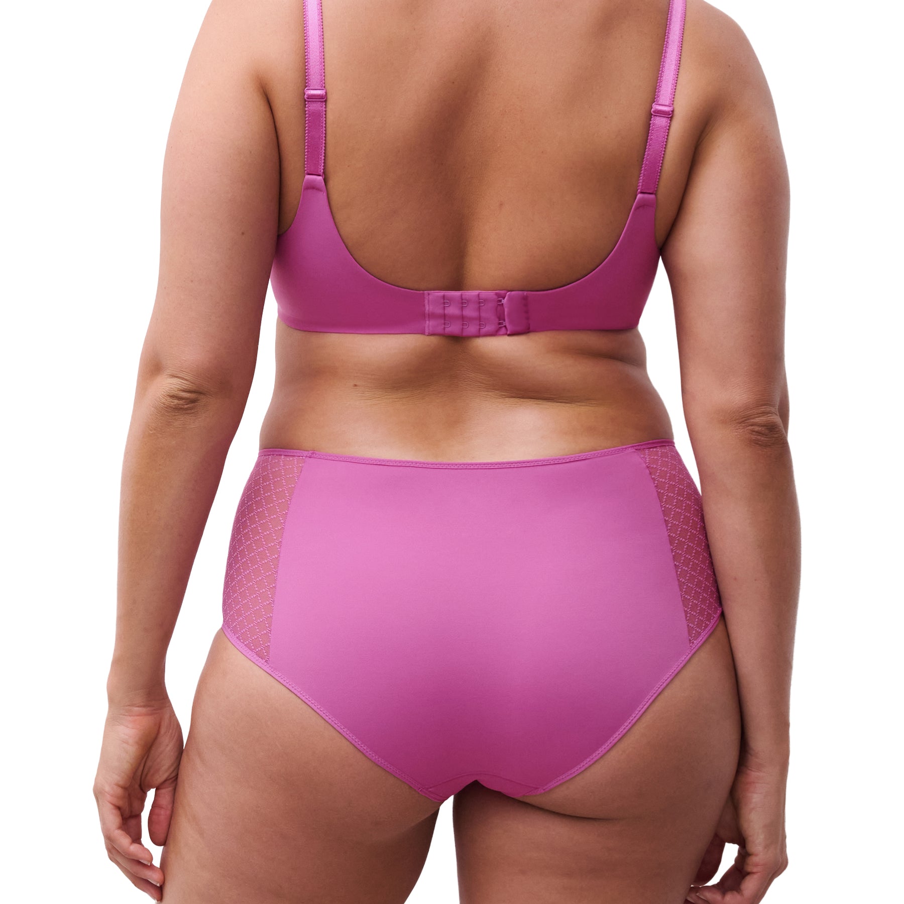 Back view of the pink full brief worn on model, showing smooth fabric coverage and a comfortable, supportive fit.