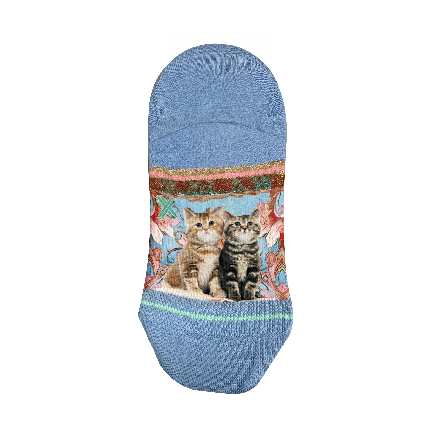 Light blue ankle socks with central kitten print featuring two cats on a floral background, accented with pink and gold trim and a subtle green stripe near the toe.