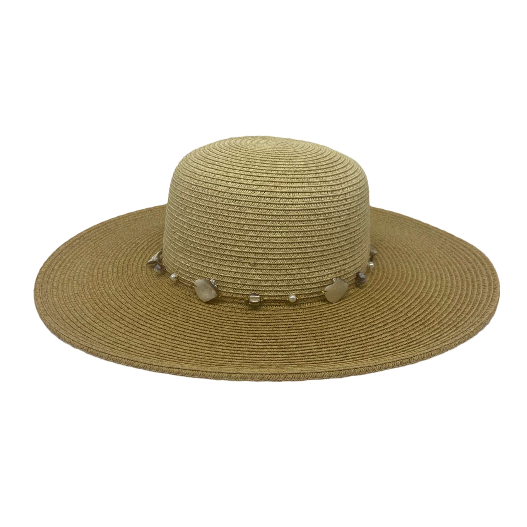 Natural straw wide-brim sun hat with structured crown and decorative shell and bead band on a white background