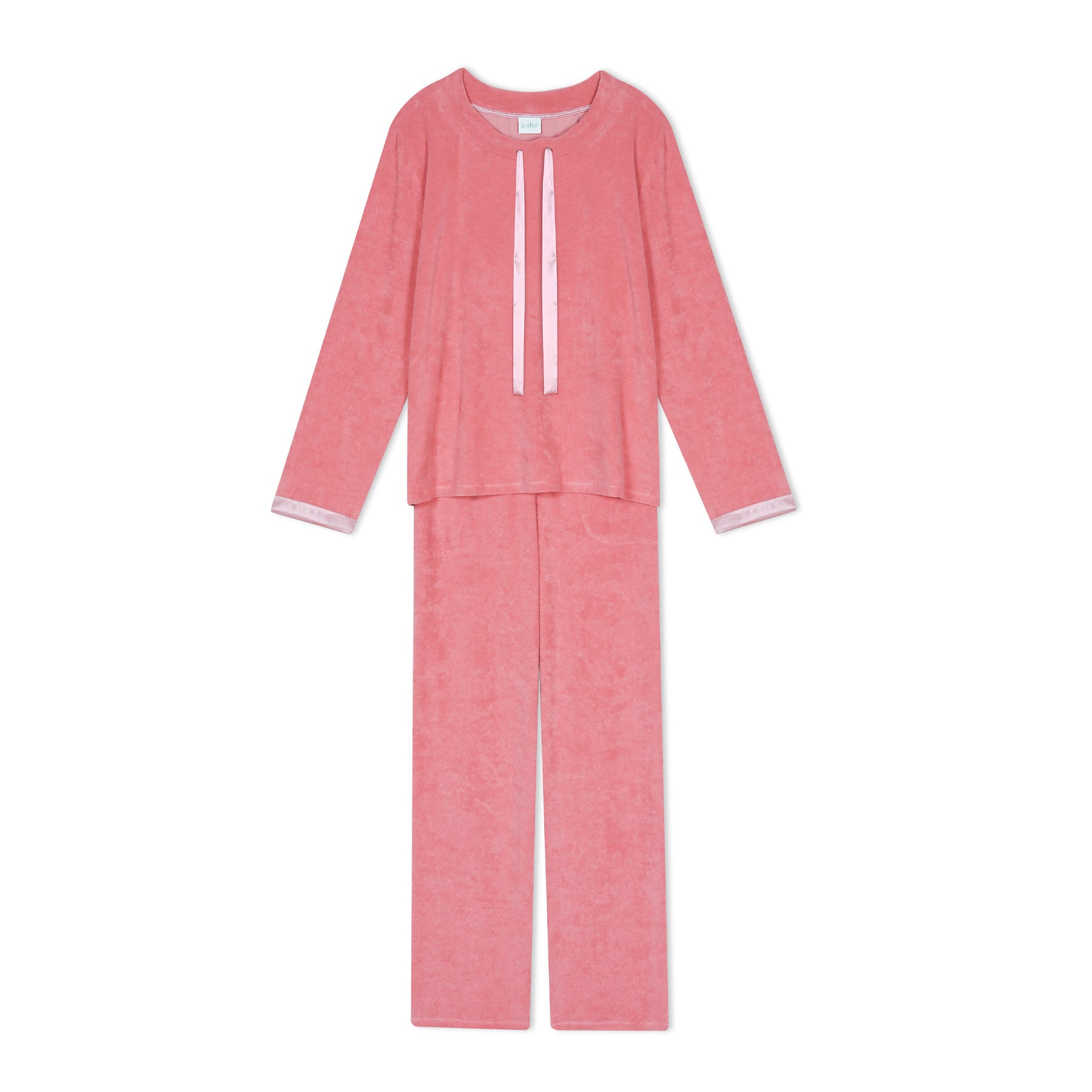 Flat lay of soft pink long sleeve pyjama set with satin drawstring detail