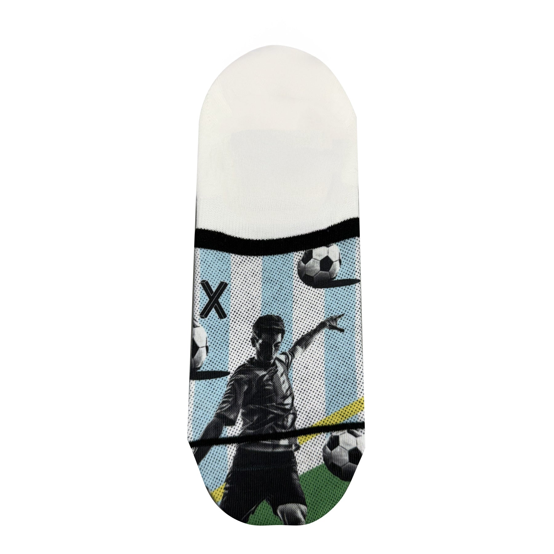 White low-cut ankle socks with football player silhouette print, blue and white vertical stripes, black cuff trim, and green and yellow accents near the toe.