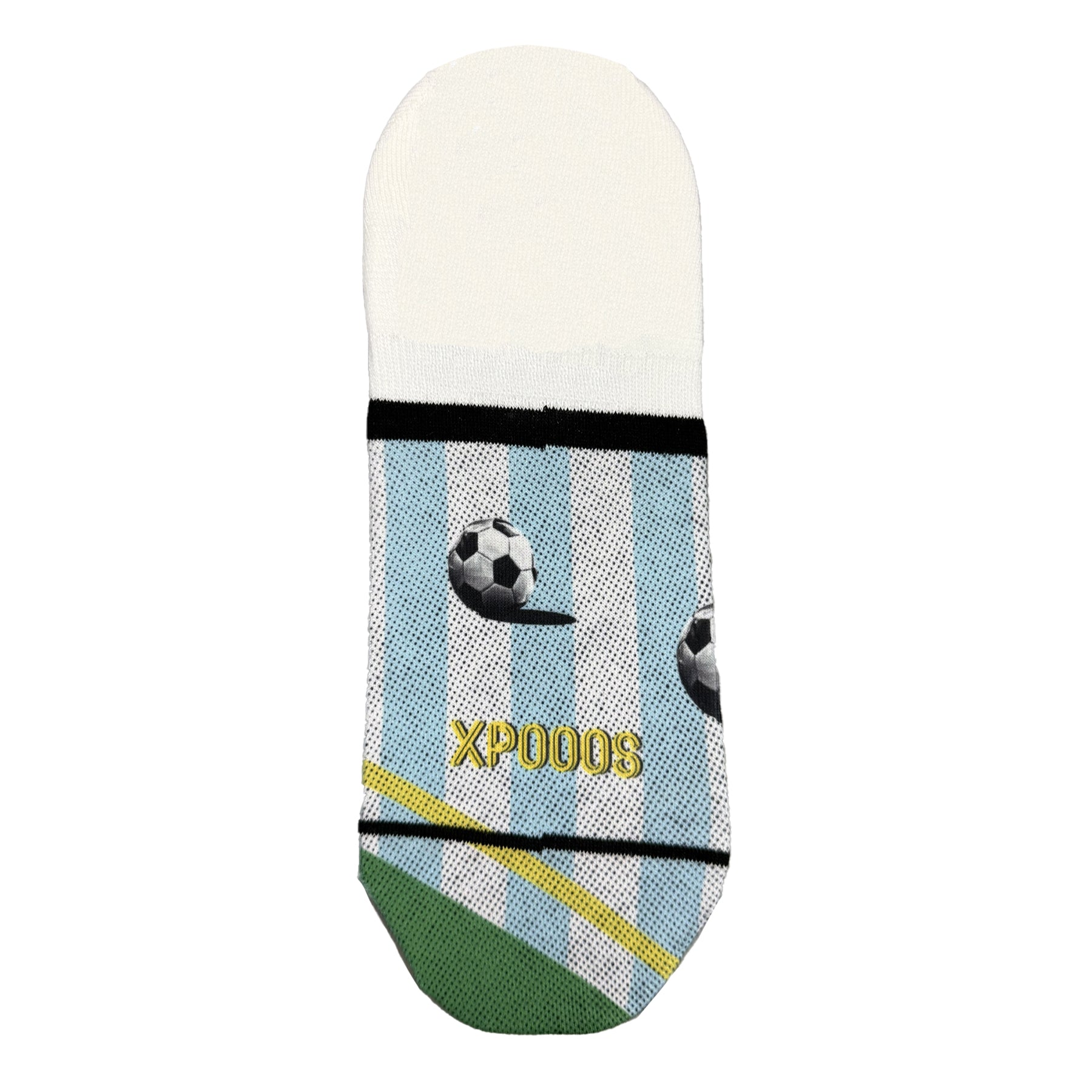 White ankle socks with blue and white striped football design, soccer ball graphic, black trim detail, green and yellow diagonal accents, and XPOOOS logo on the sole.