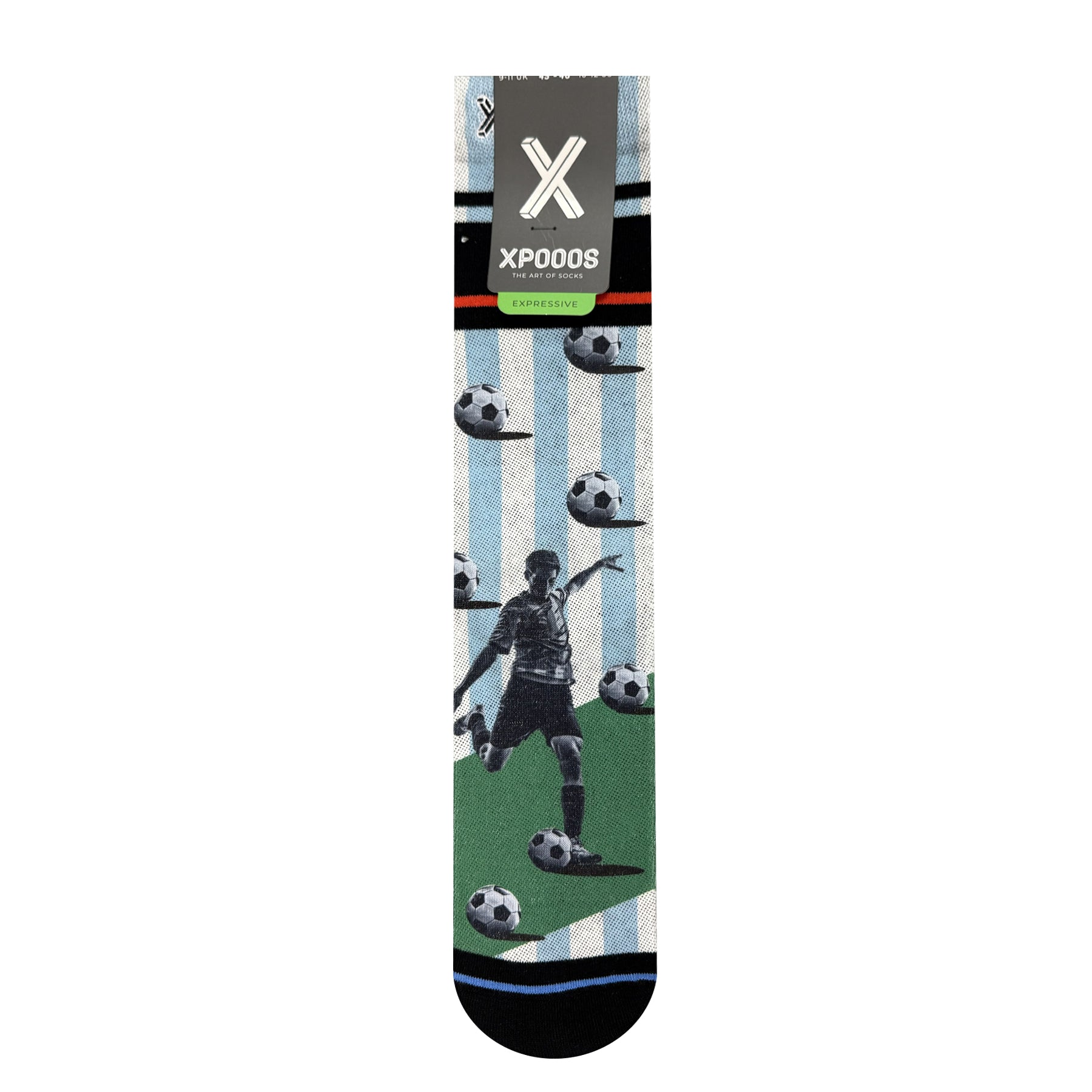 Men’s crew socks with football player silhouette and soccer ball print on blue and white striped background, black cuff with red stripe, XPOOOS packaging attached.