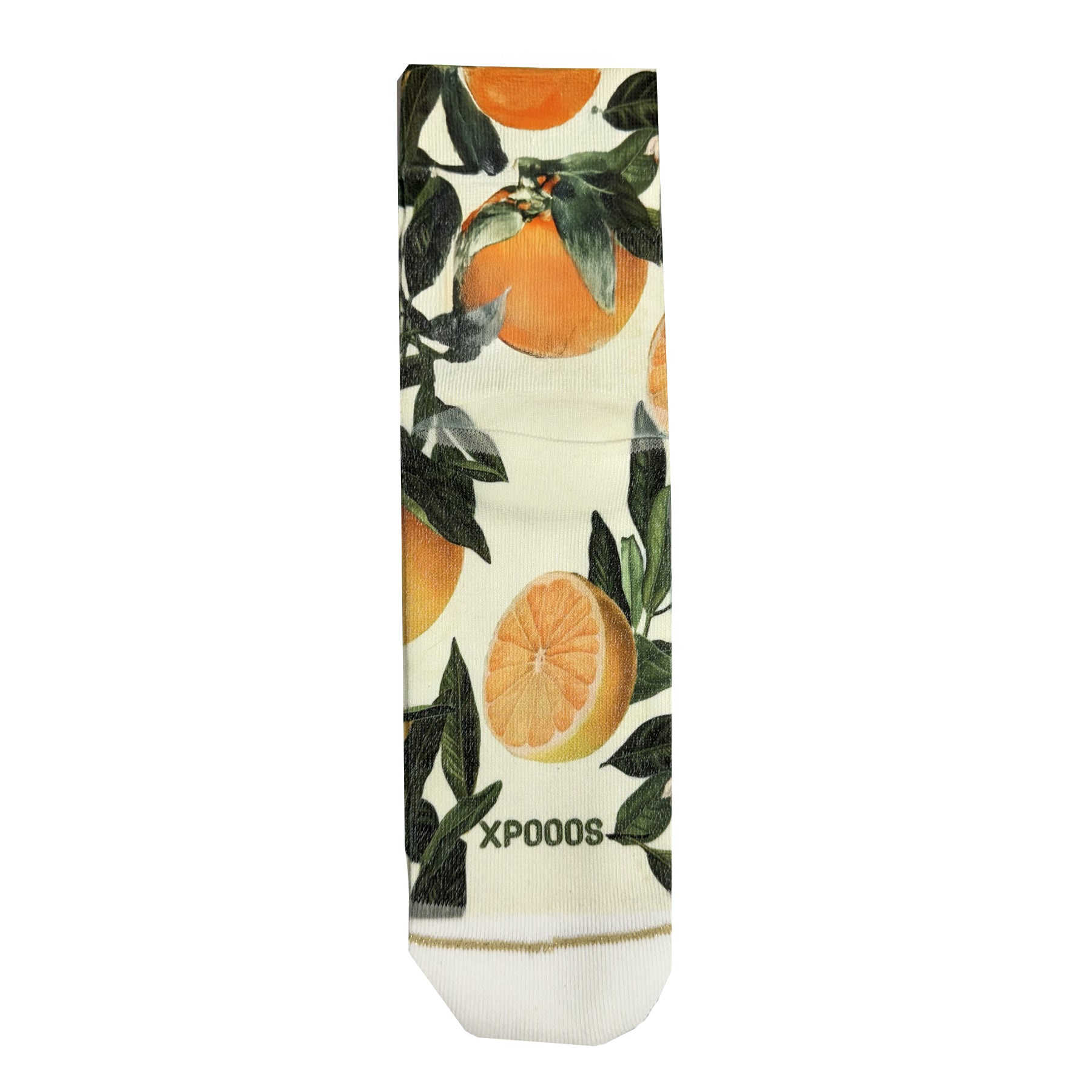 XP000S lemon botanical crew socks with citrus fruit print, green leaves and white blossoms on ivory background, white toe and subtle gold trim detail.