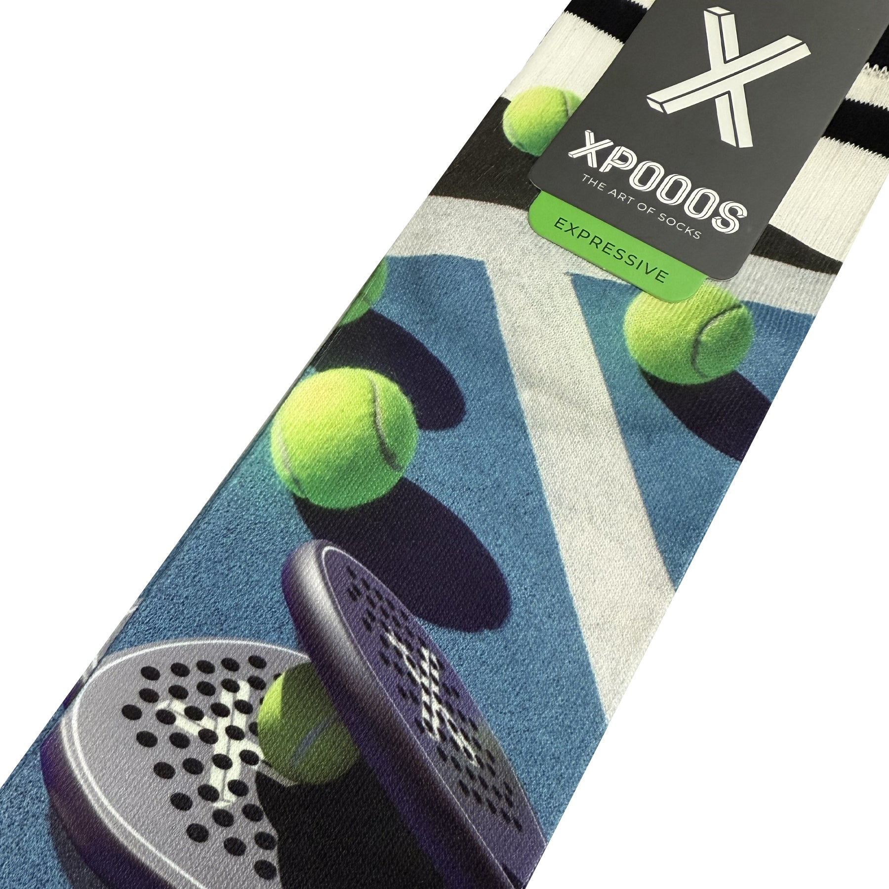 Close-up of men’s padel-themed quarter socks showing tennis ball and racket design, blue court lines, striped cuff, and XPOOOS label.