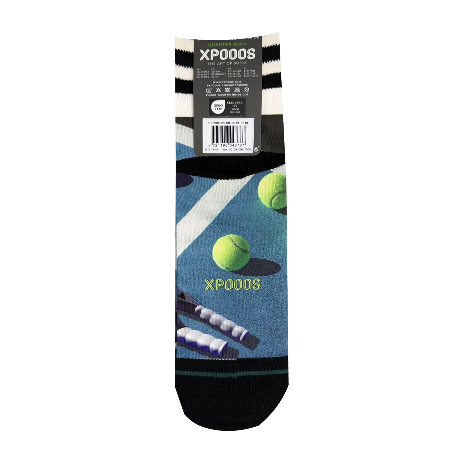 Back view of men’s quarter socks with tennis ball and court graphic, black heel detail, XPOOOS logo, and product information label.
