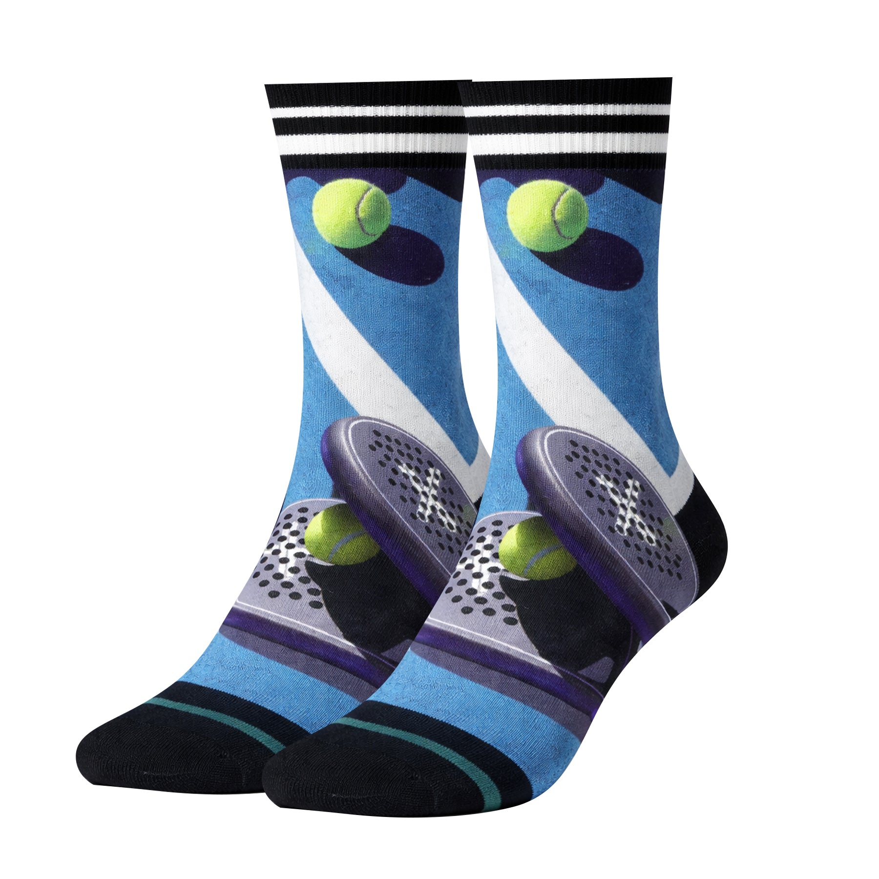Pair of men’s padel court socks with vibrant green tennis balls, racket print, blue background, black toe and heel, and striped athletic cuff.