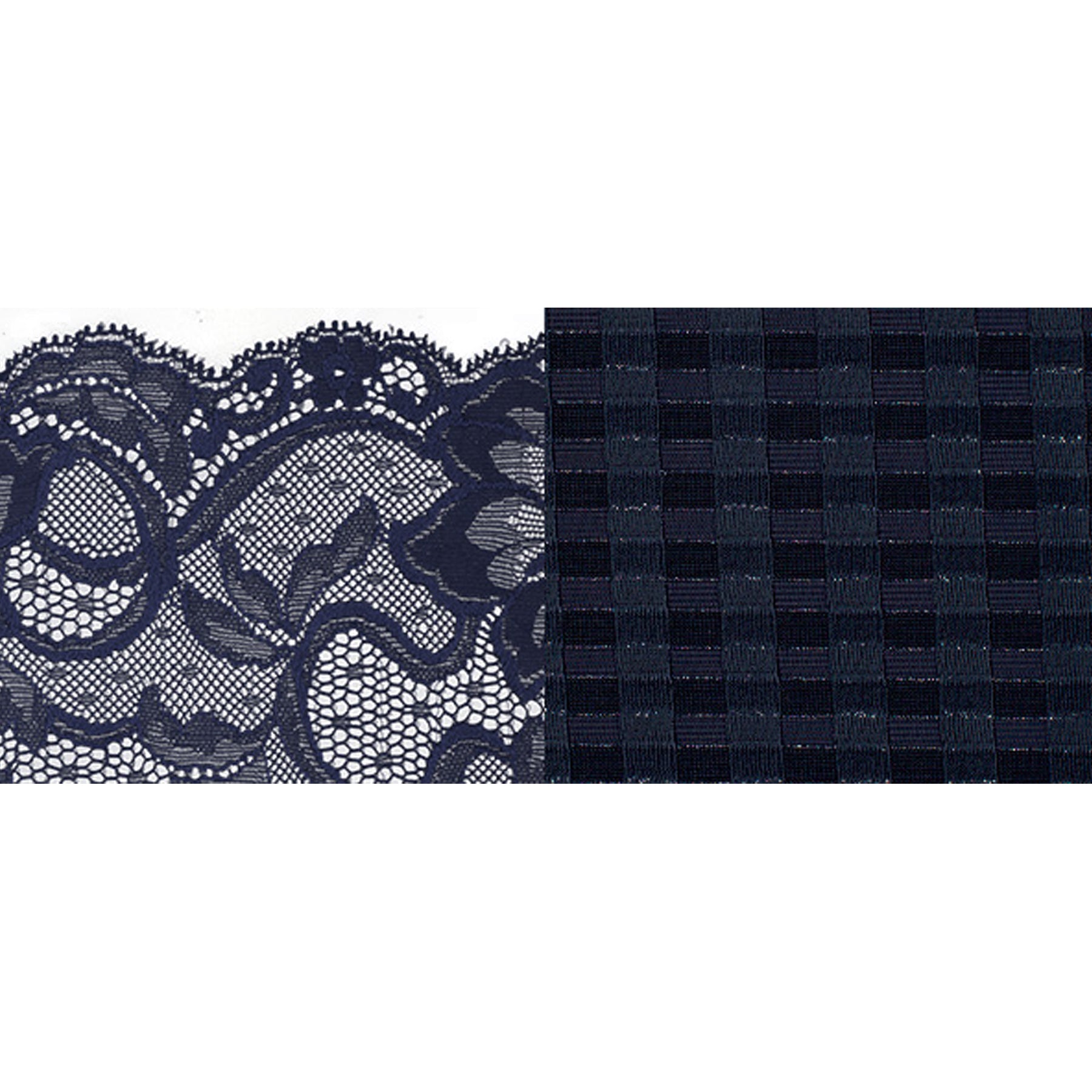 PrimaDonna Madison Velvet Blue fabric swatch featuring signature gingham check fabric paired with elegant floral stretch lace in a rich navy blue hue.