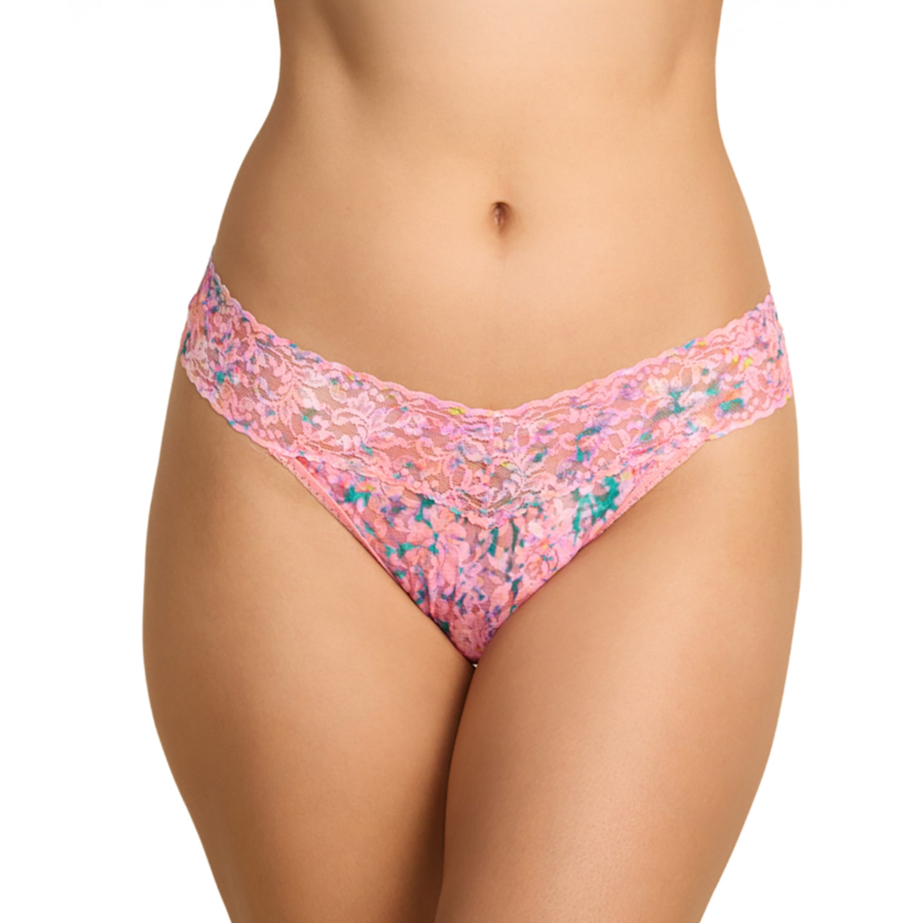 Hanky Panky Printed Original Rise Thong in Blushing Blooms, featuring a delicate floral print, wide lace waistband, and signature comfortable fit.