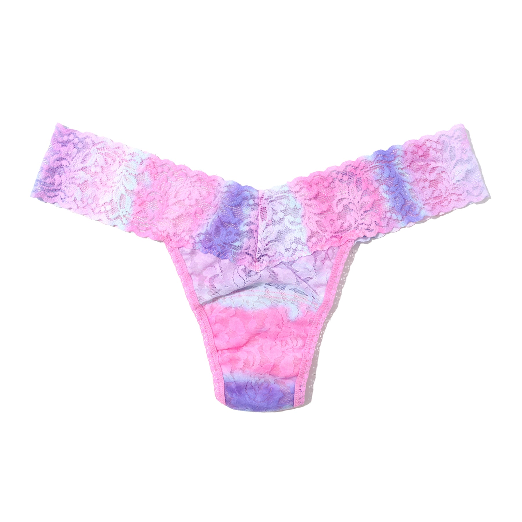 Pink tie-dye lace thong underwear flat lay with pastel purple and blue floral lace pattern.