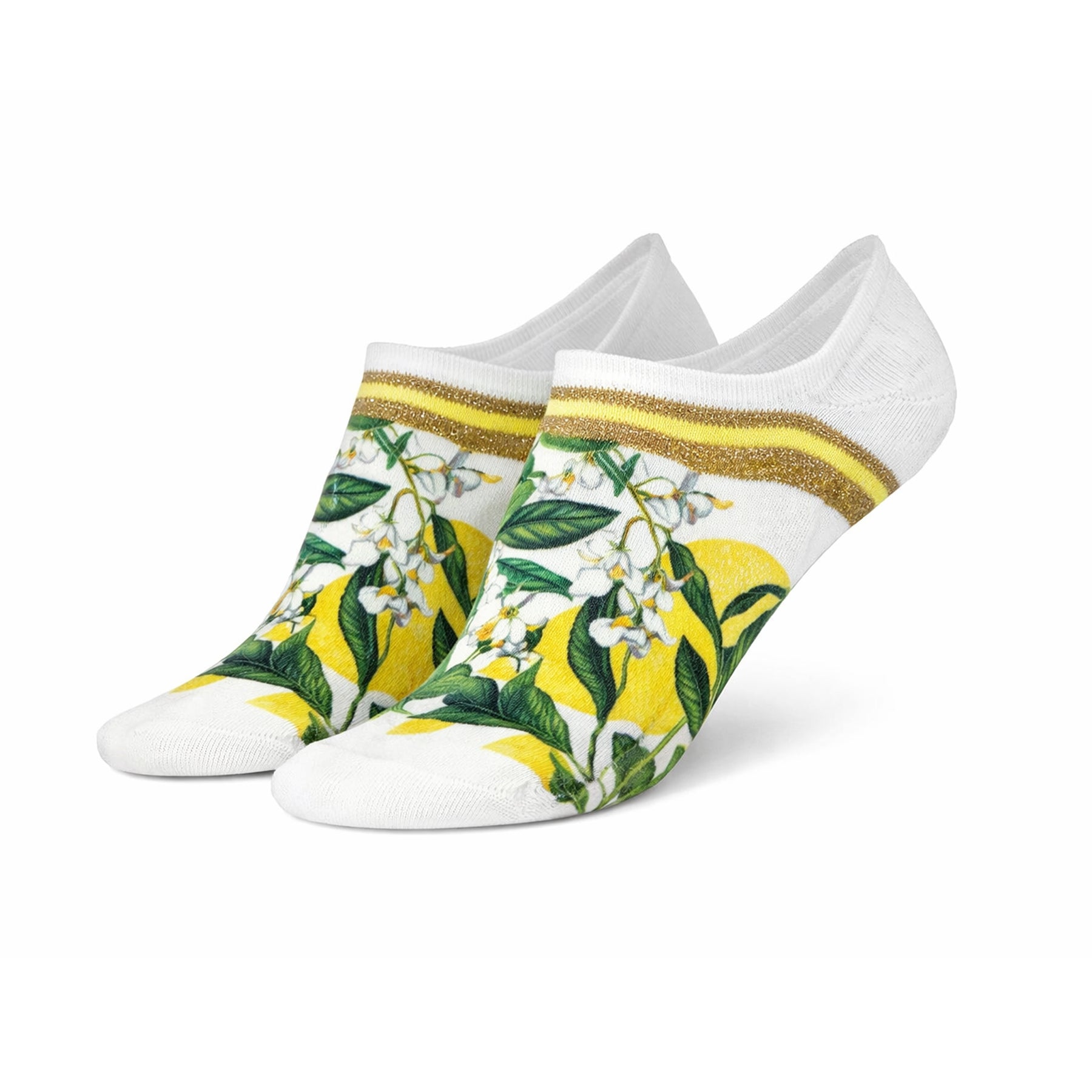 Angled view of lemon print no-show socks featuring bright yellow lemons, white flowers, green foliage and metallic gold stripe accent.