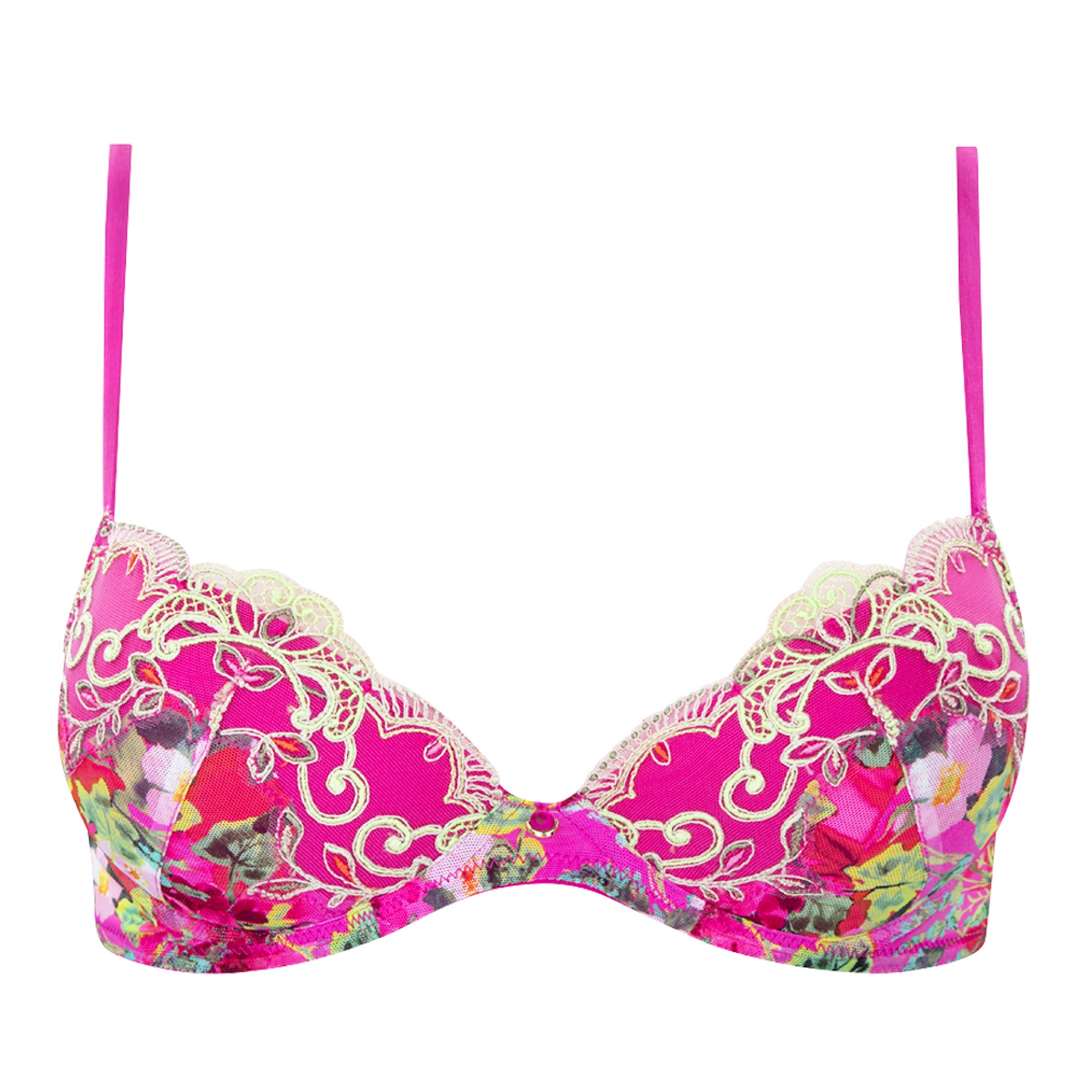 Underwire Padded Plunge Bra with Lace and Floral Print - Déesse