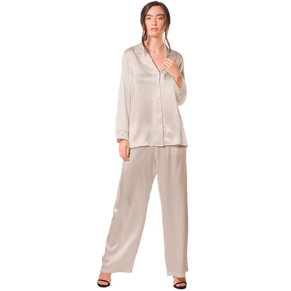 Truly Striped Satin Silk Pyjama Set, Ivory, 8