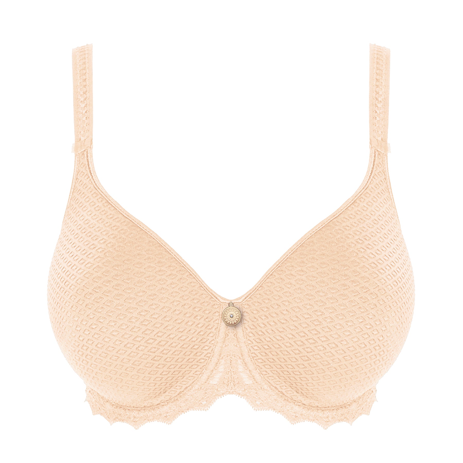 Empreinte Cassiopee molded full cup bra in creamy beige featuring smooth diamond-patterned cups and delicate lace edging.