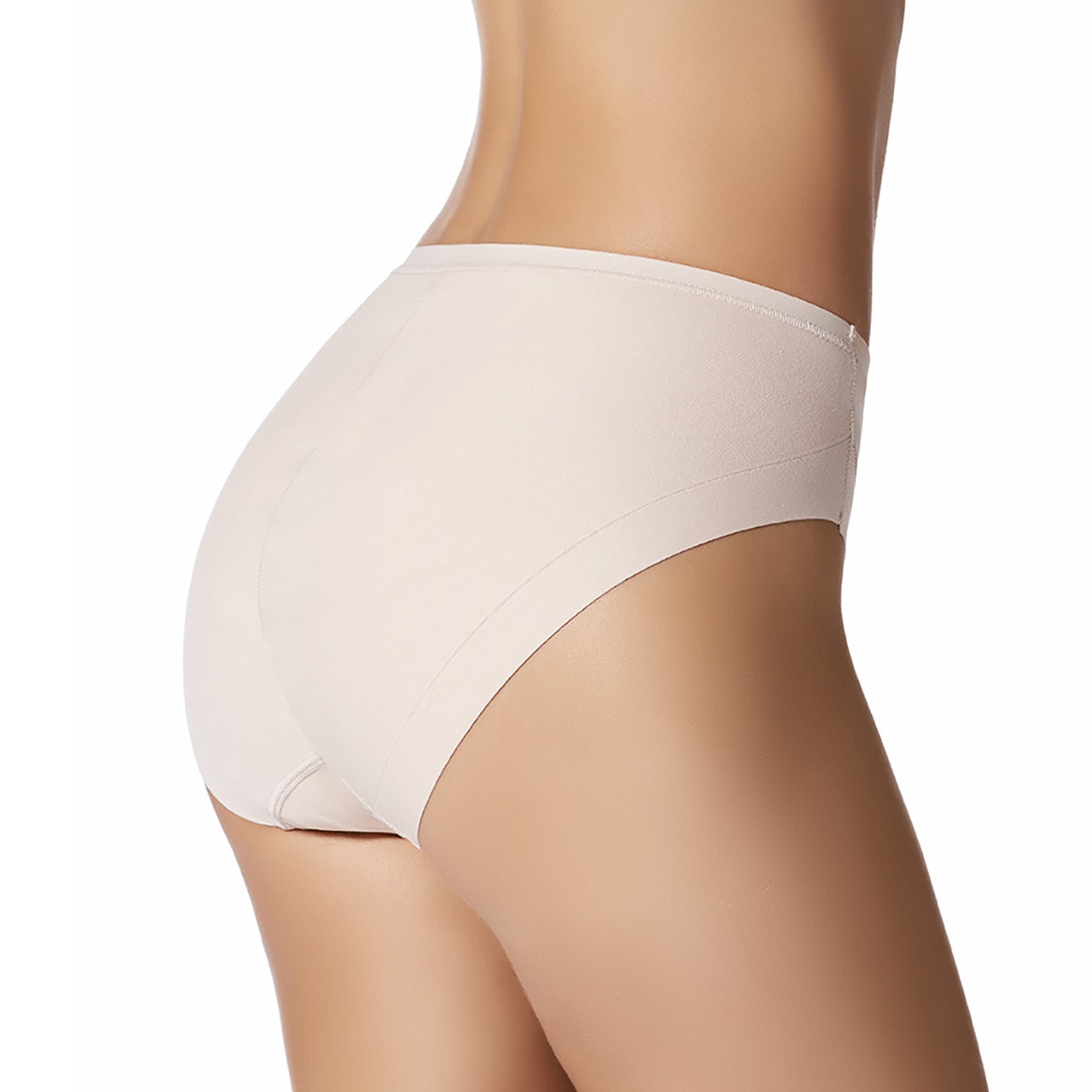This image features the Janira Cotton Band Bikini Brief 31862, showcasing a sleek and comfortable design. The brief is presented in a soft, nude tone, worn on a model with the rear fit in view.