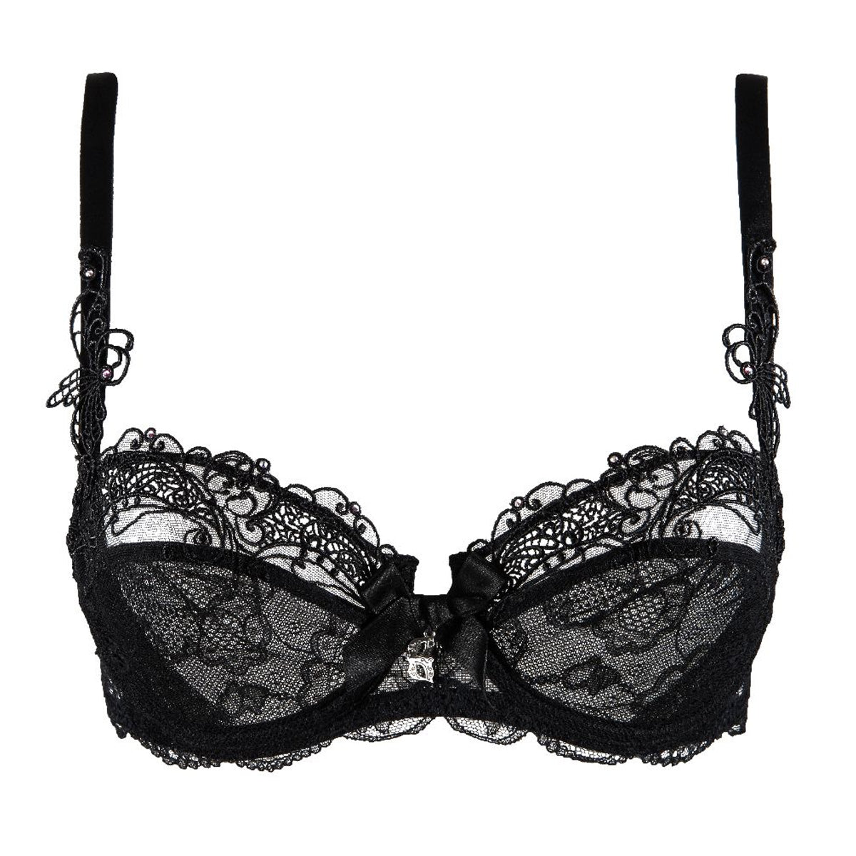 Lise Charmel soir de venise horizontal seam Calais lace demi cup bra in black noir diamant. Front view without model.