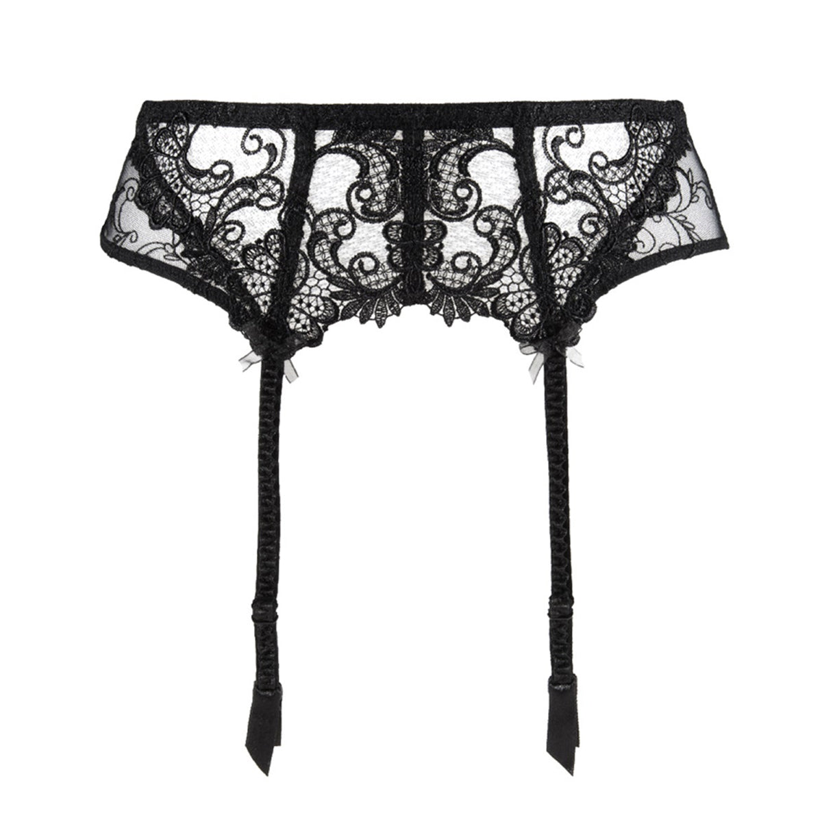 Garter belt made of guipure embroidered lace on tulle in black. Front view without model.