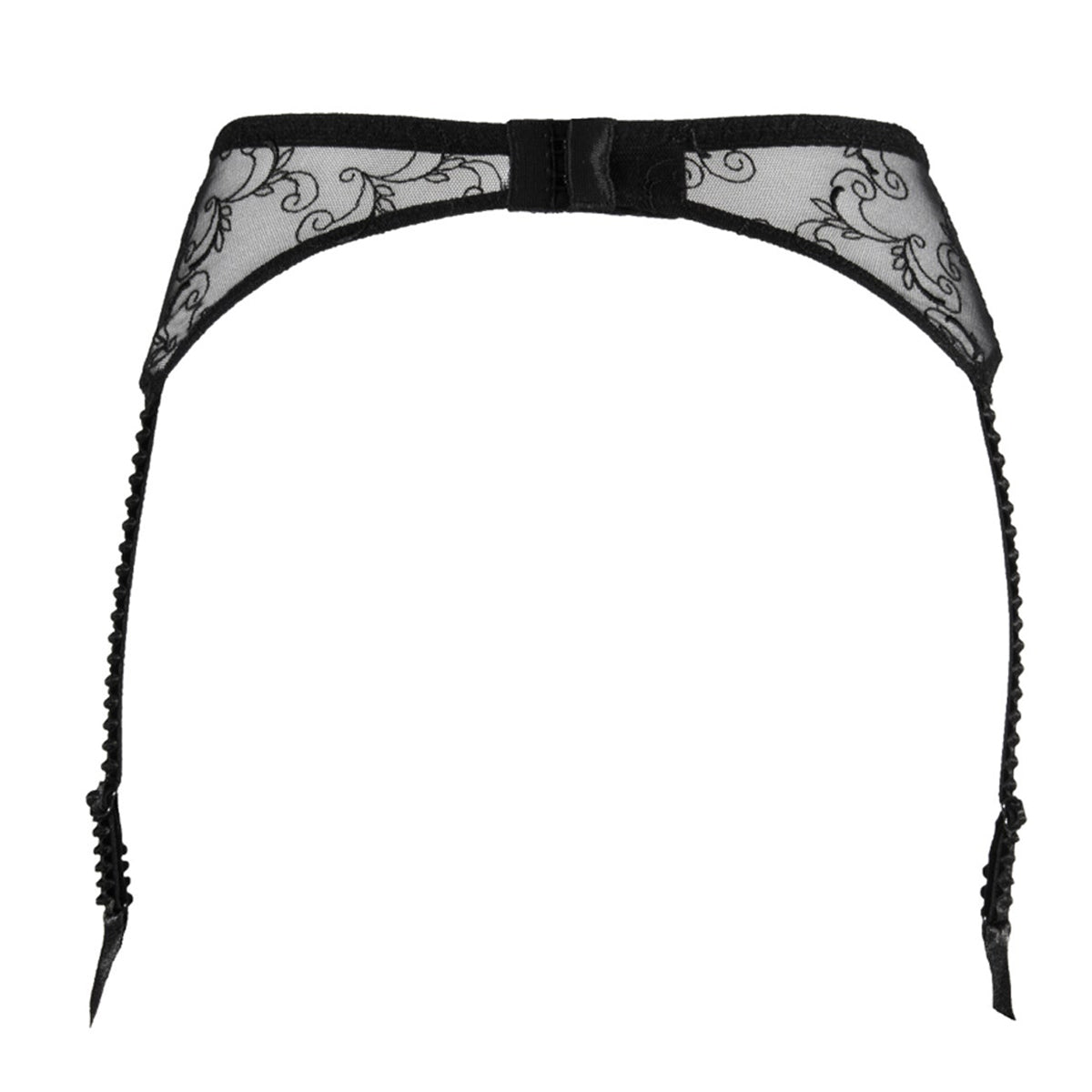 Garter belt made of guipure embroidered lace on tulle in black. Rear view without model.