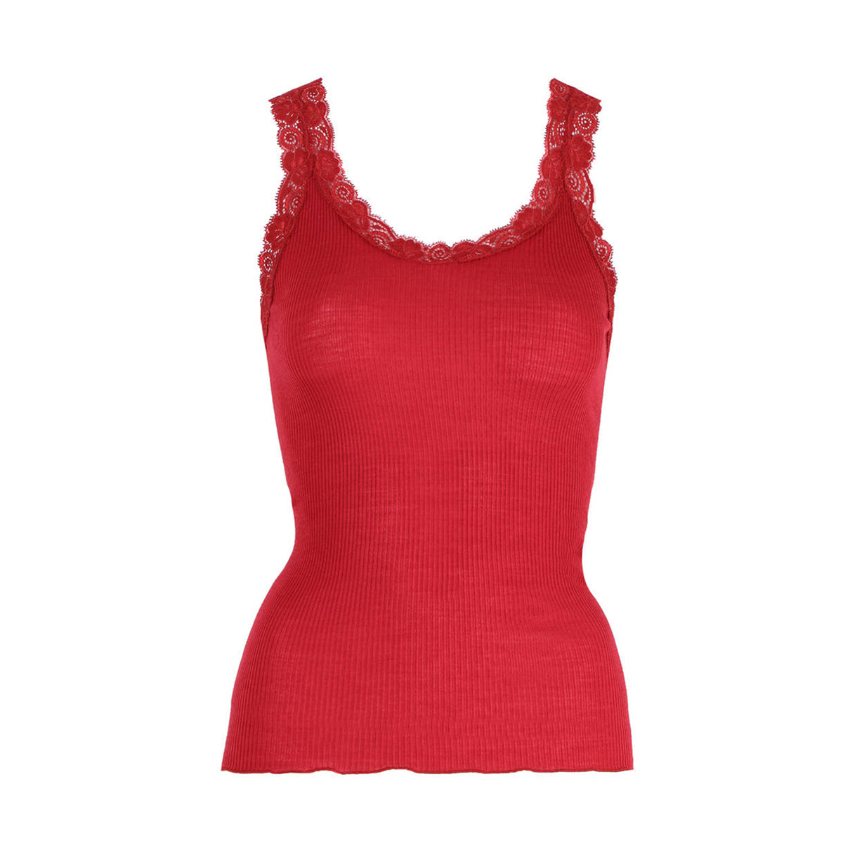Oscalito 3410 Leavers Lace Trim Ribbed Tank in Rosso – vibrant red ribbed tank top with Leavers lace neckline and soft stretch fit. Flay lay without model.