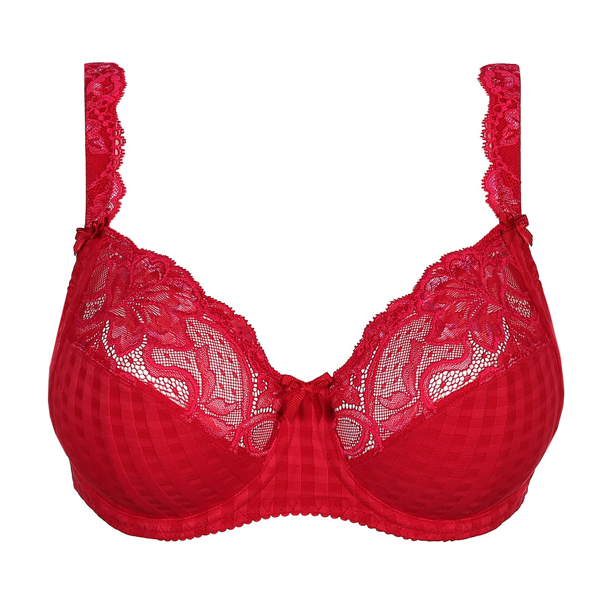 Full cup underwired bra with checked fabric and lace top cups and straps. Red/scarlet colour front view without model.