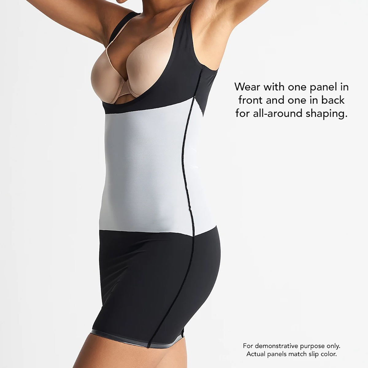 Yummie 3-in-1 Wear Your Own Bra Shaping Slip YT3-174 in black on model side showing panels