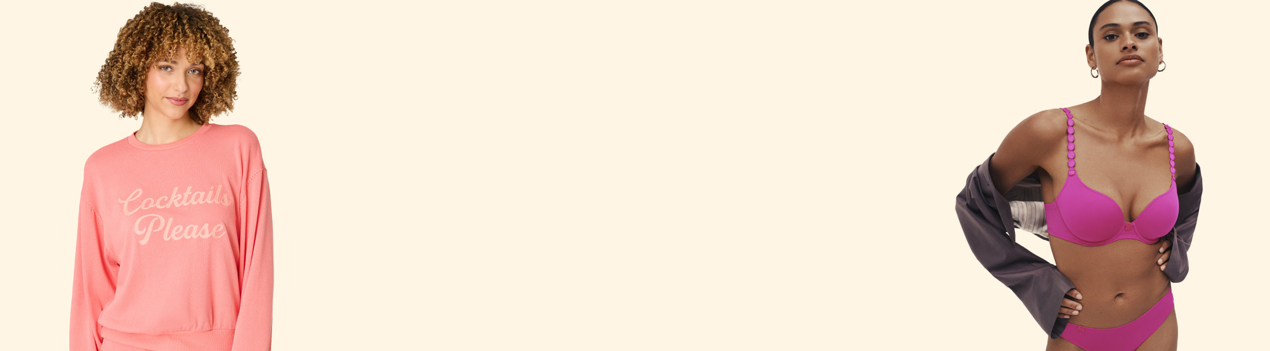 A woman in purple pajama and a woman wearing a PrimaDonna blue lingerie set.