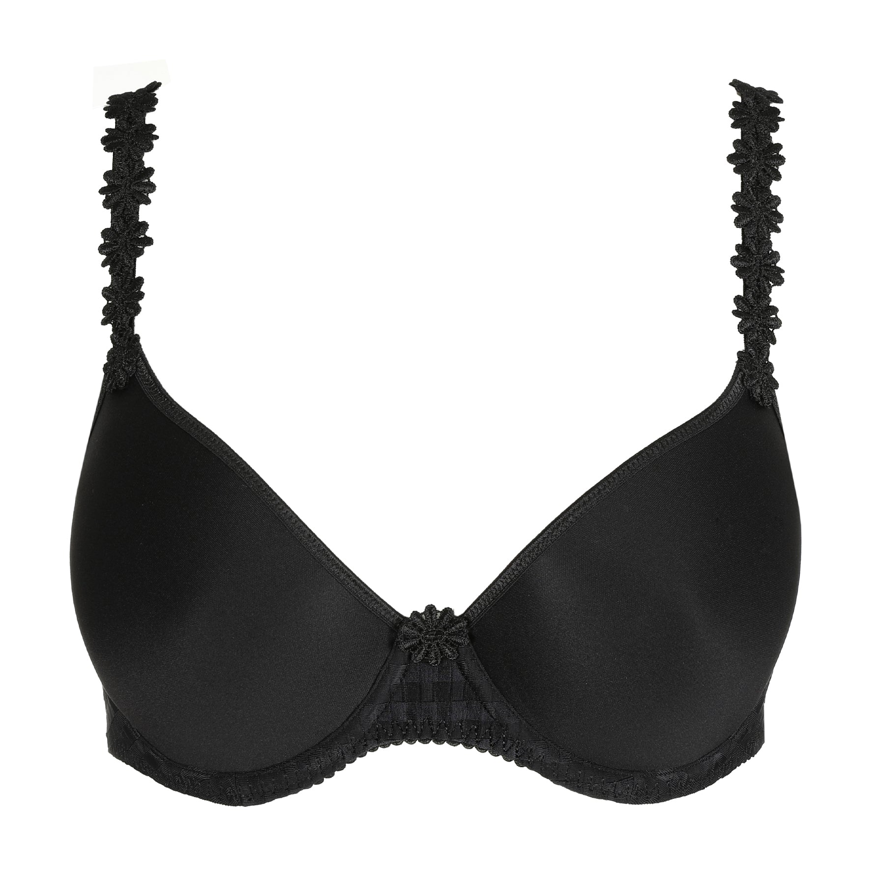 Black molded underwire bra with smooth cups and floral lace straps, seamless t-shirt bra front view