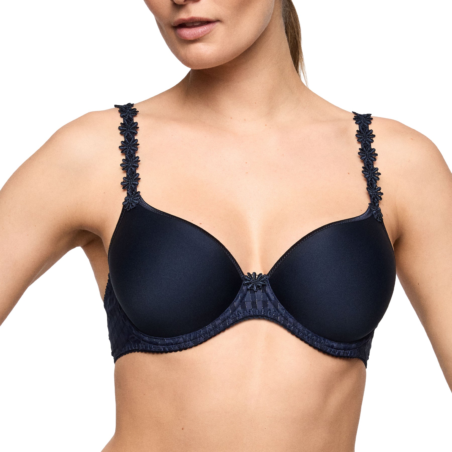 Close-up of the Marie Jo Avero Full Cup Spacer Bra in Velvet Blue featuring breathable spacer foam cups, smooth shaping, and signature floral accents.