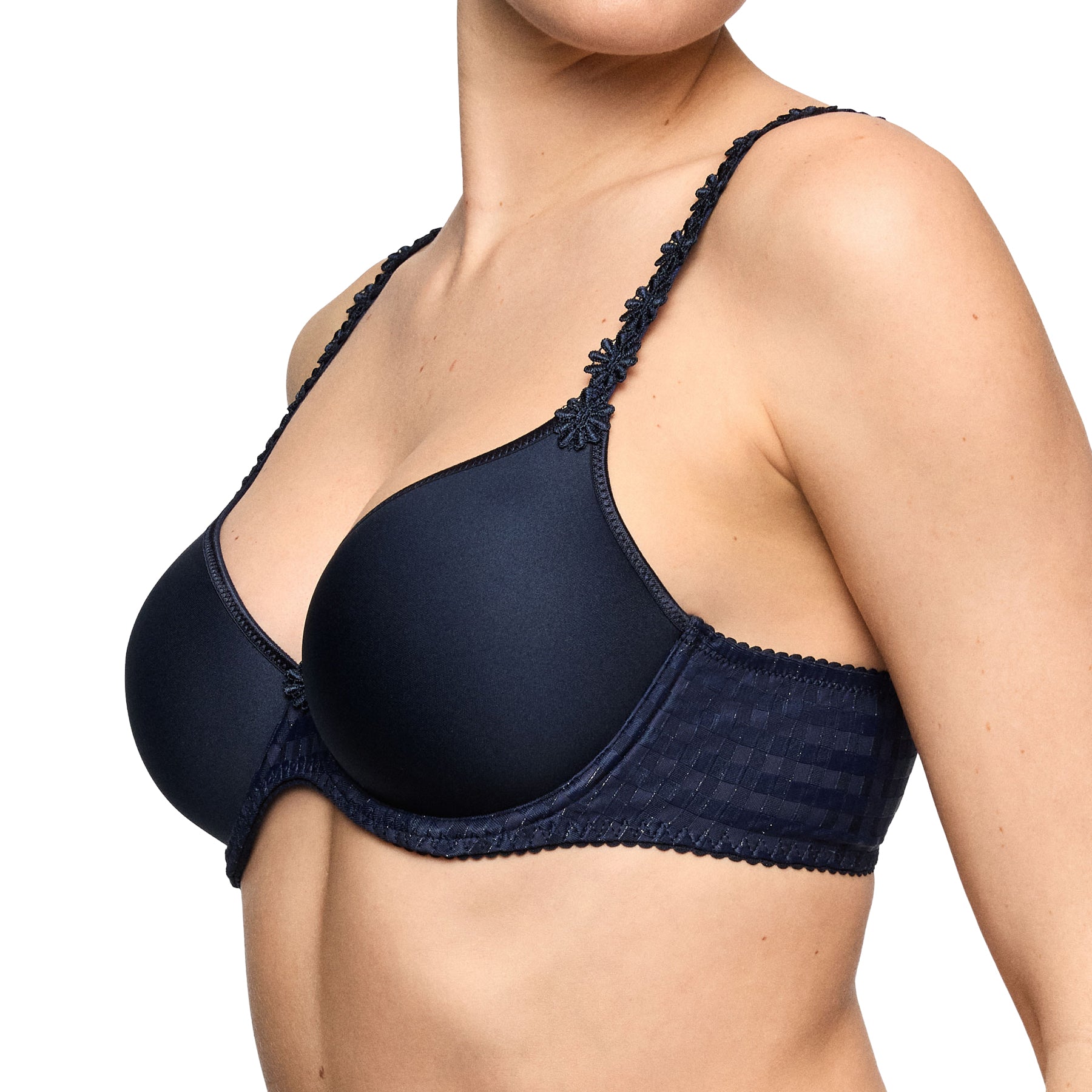 Marie Jo Avero Full Cup Spacer Bra in Velvet Blue with seamless spacer cups, supportive side coverage, and elegant checked fabric detailing.
