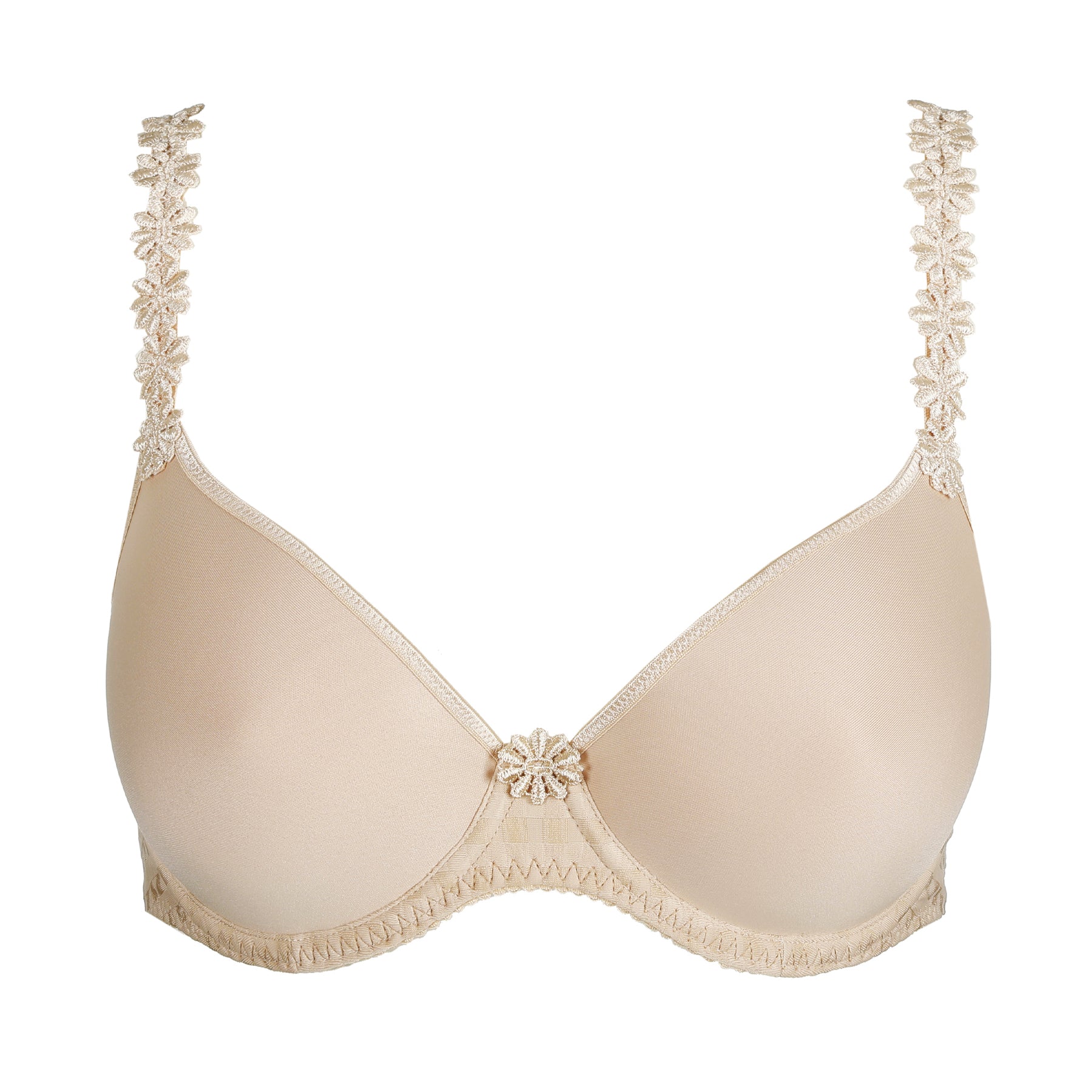 Beige molded underwire bra with smooth cups and floral lace straps, café latte seamless t-shirt bra front view