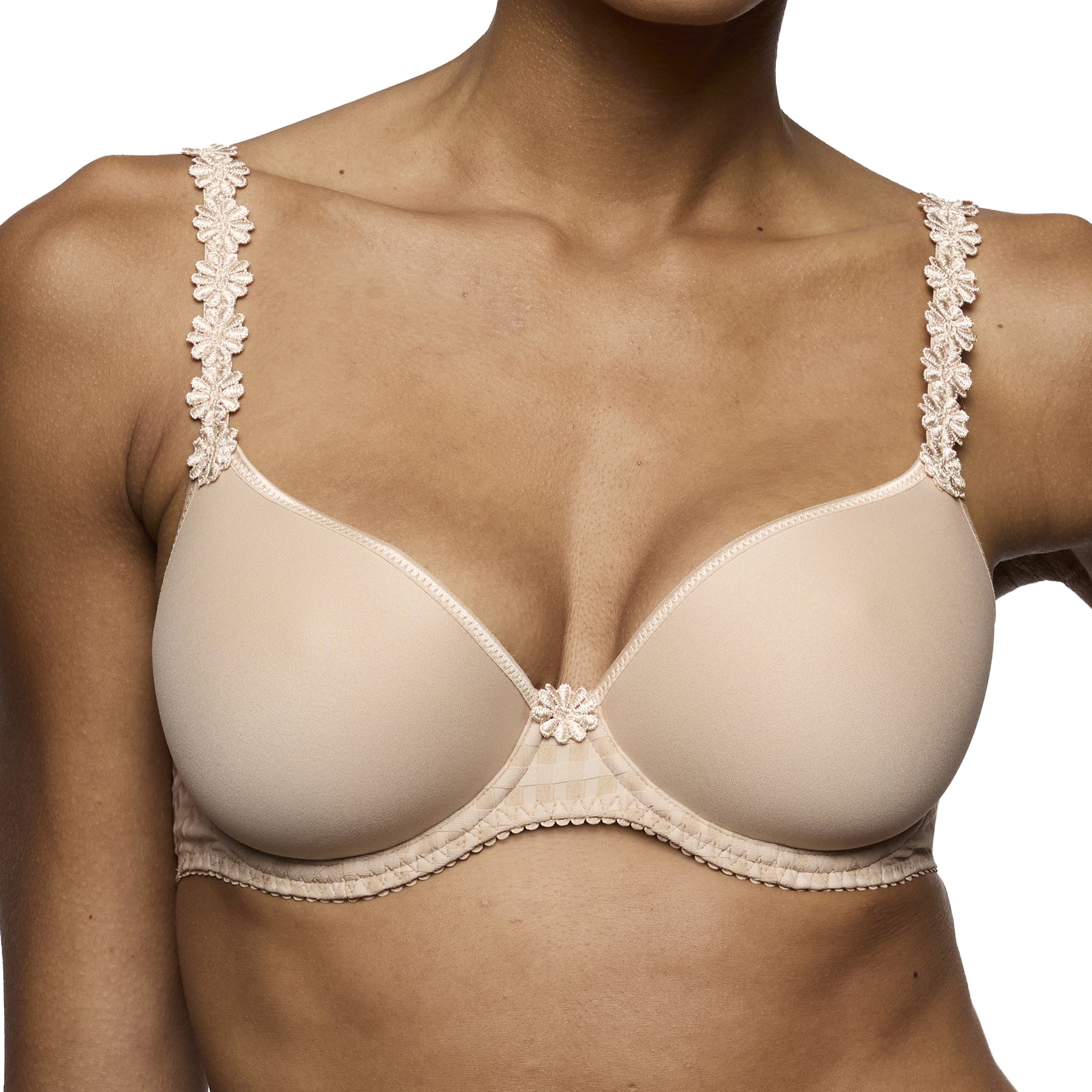 Close-up of beige smooth cup bra with underwire support and floral lace straps, natural nude everyday lingerie