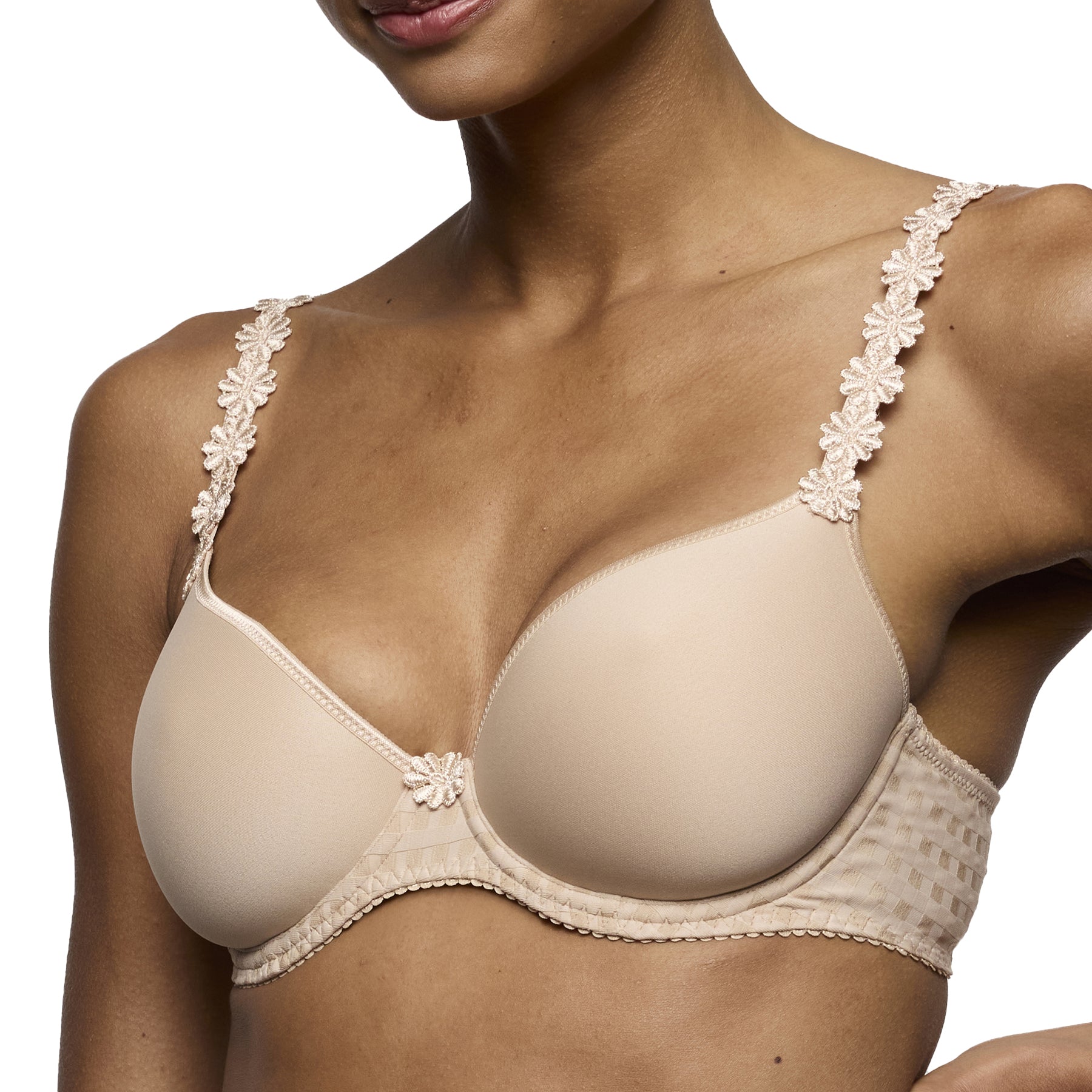 Angled view of beige t-shirt bra with molded cups, lace strap detailing and subtle check texture band