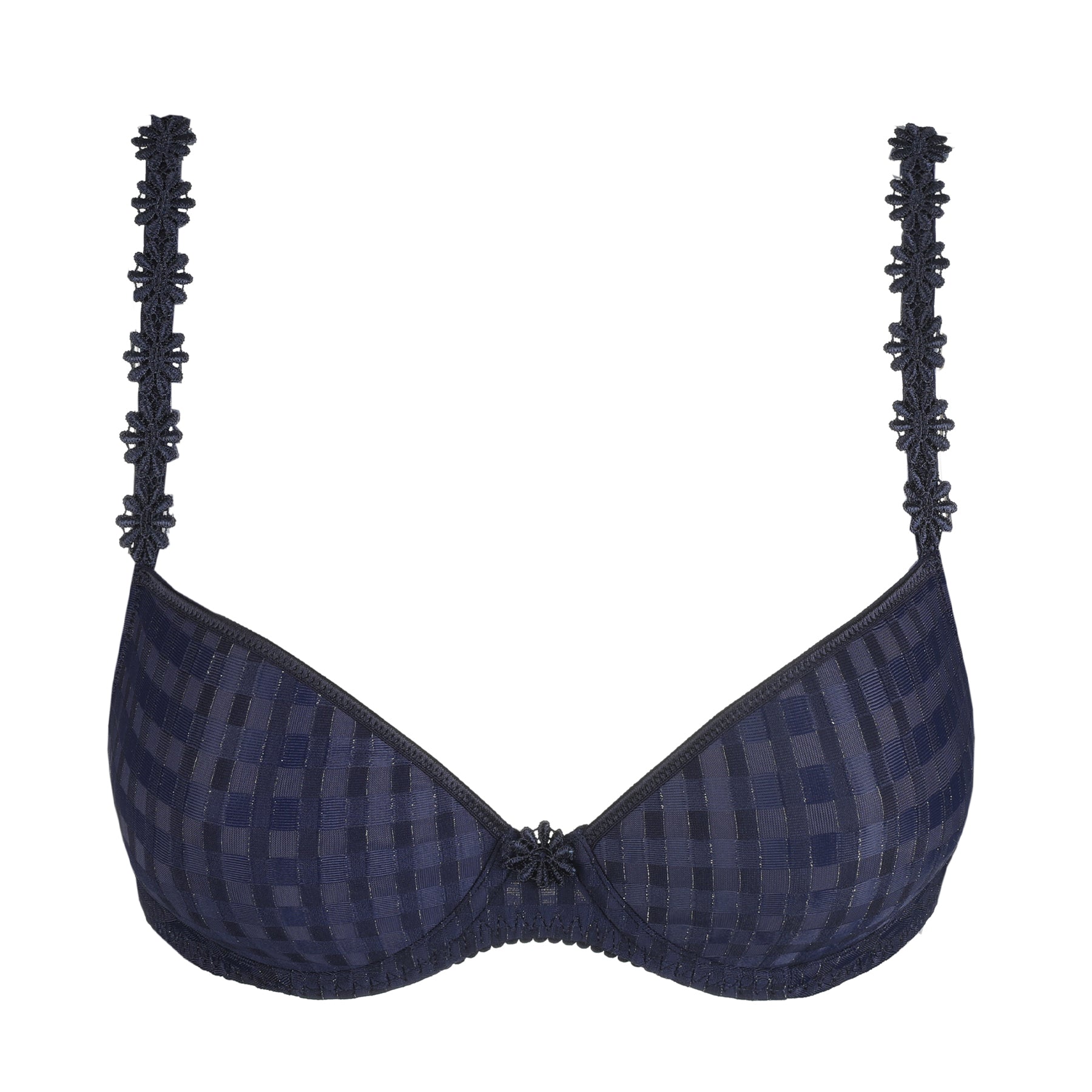 Marie Jo Avero Padded Plunge Bra in Navy with smooth padded cups, iconic checked pattern, and decorative daisy detail at the centre gore.