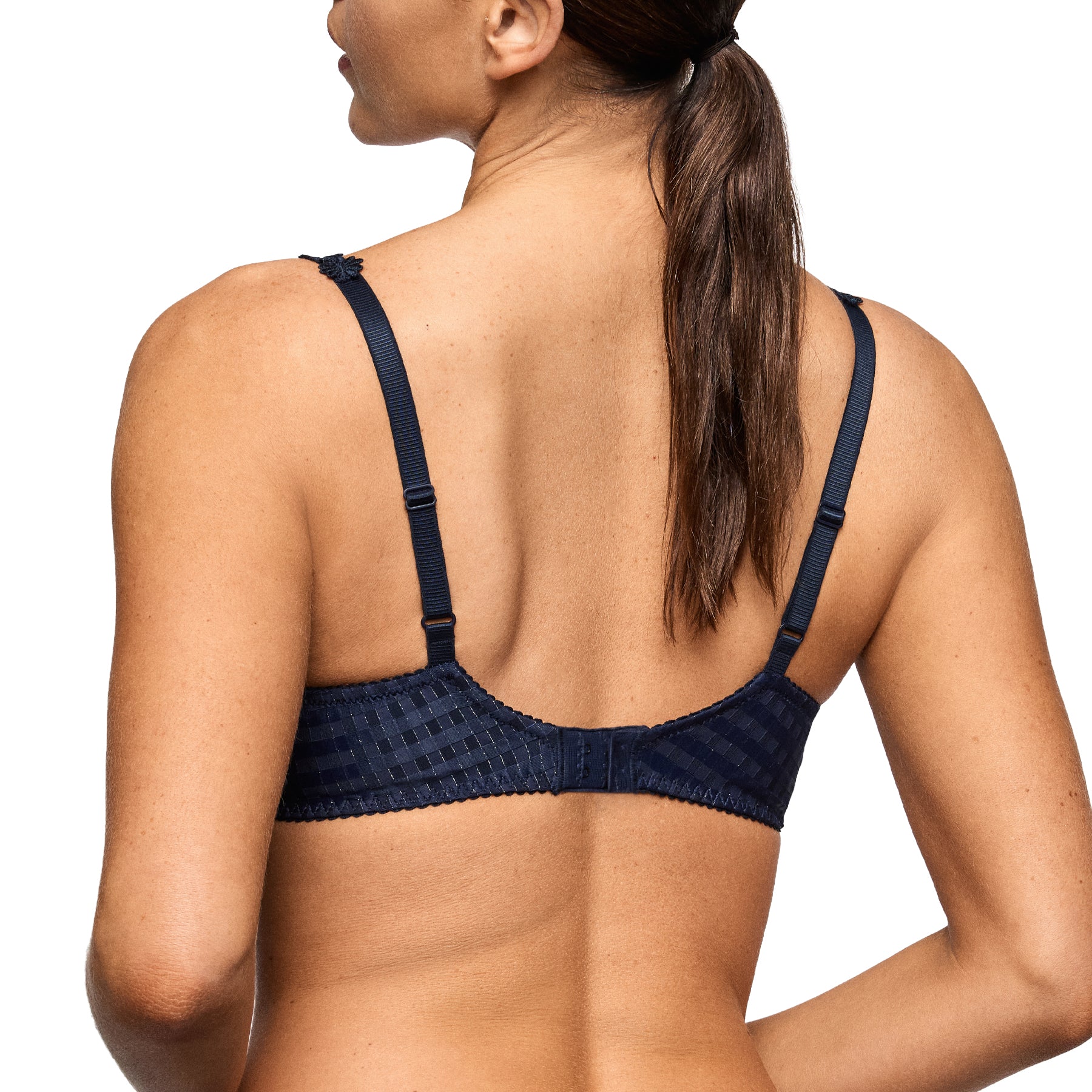 Back view of the Marie Jo Avero Padded Plunge Bra in Navy featuring adjustable straps, smooth wings, and a secure hook-and-eye closure for all-day comfort.