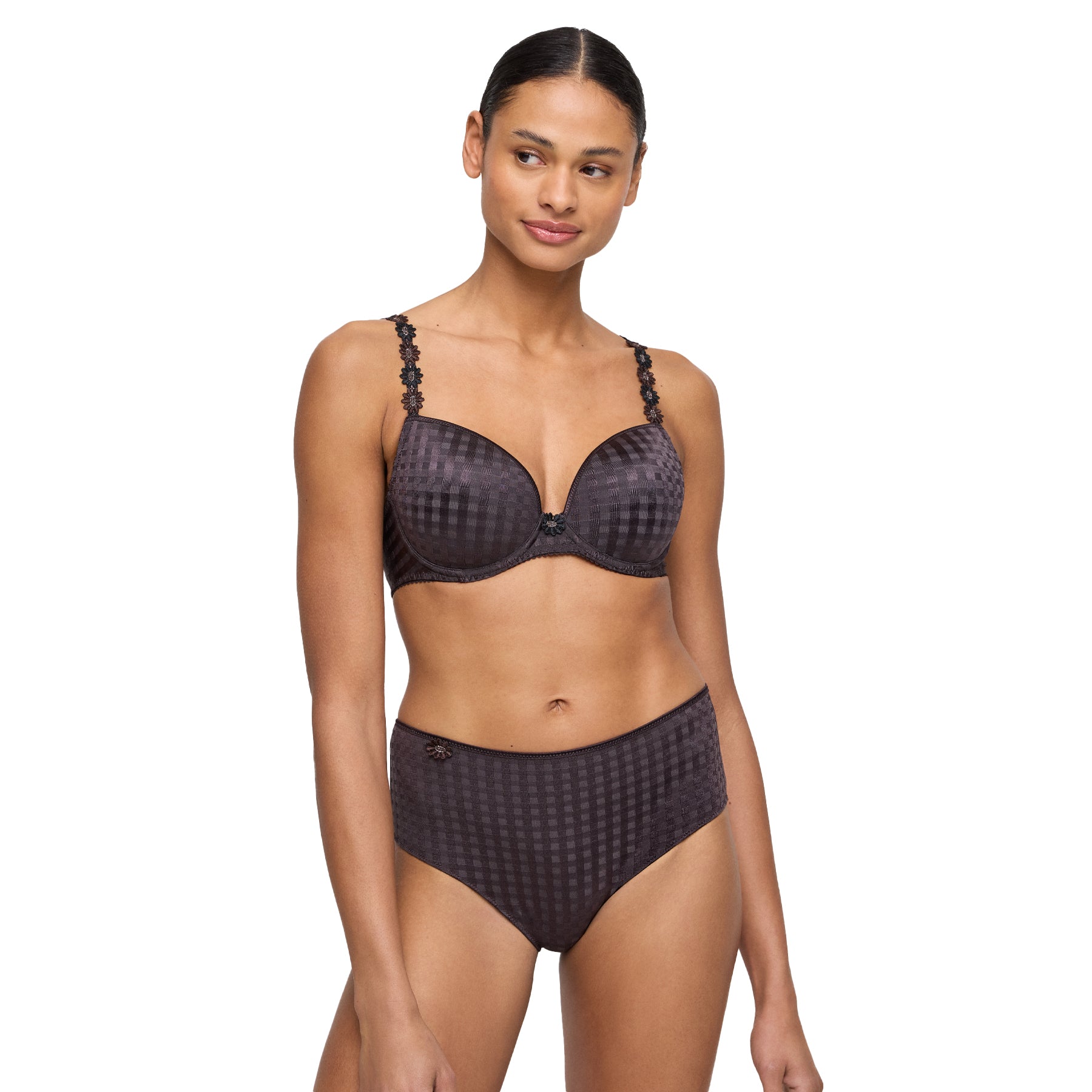 Model wearing padded bra with matching full brief, front view.