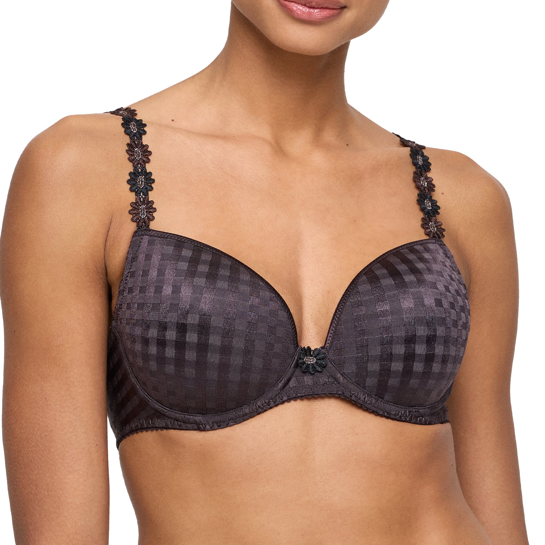 Close-up of padded bra showing checkered cups and embroidered straps.