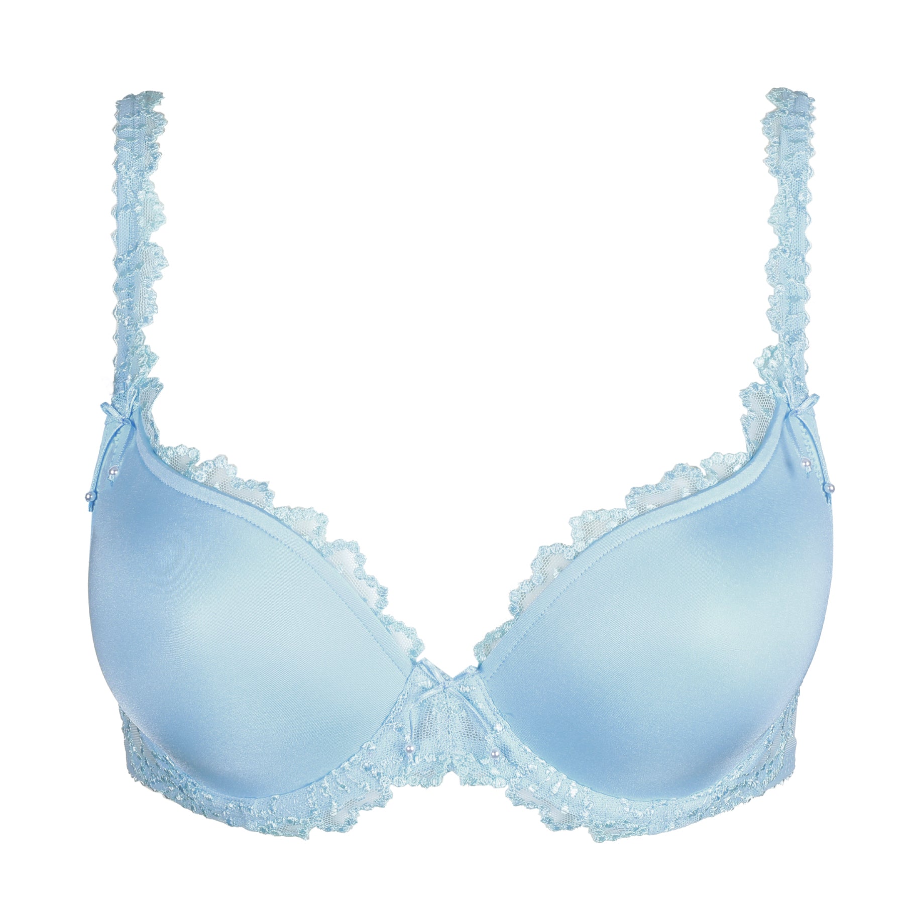 Light blue balcony bra flat lay with padded cups, lace trim, and delicate bow detail