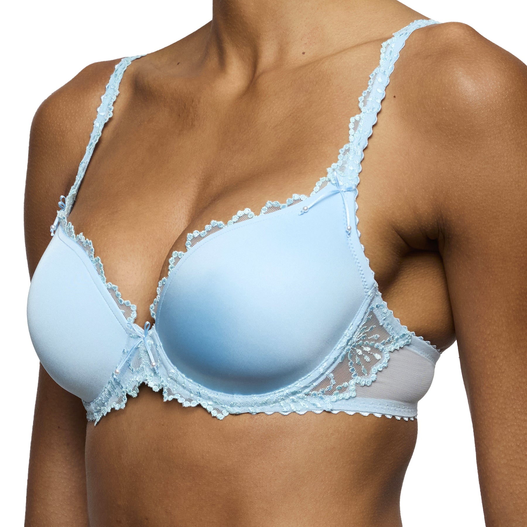 Light blue balcony bra angled view showing lace sides and supportive underwire structure