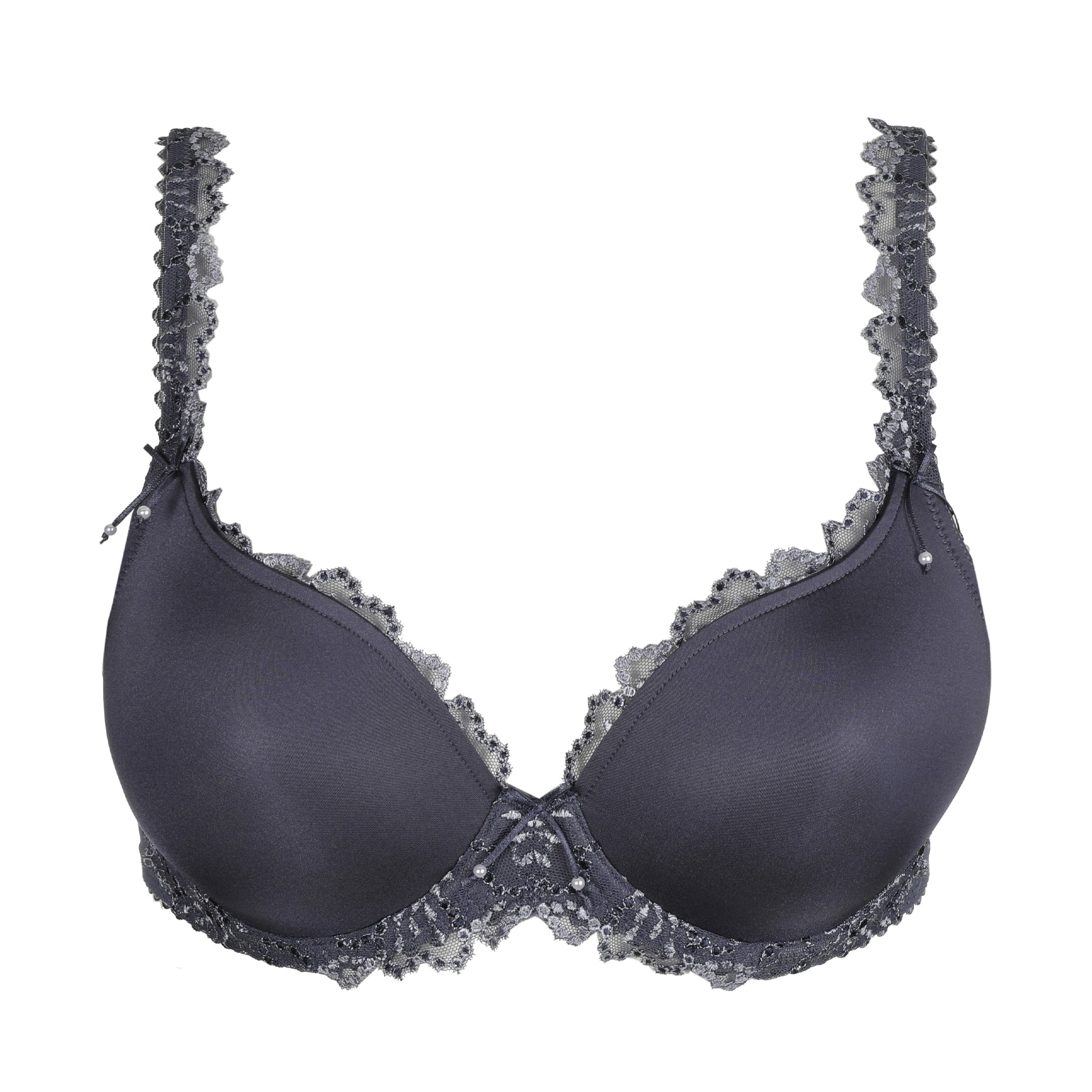 Close-up of Blue Shadow padded bra with lace embroidery and pearl accents.