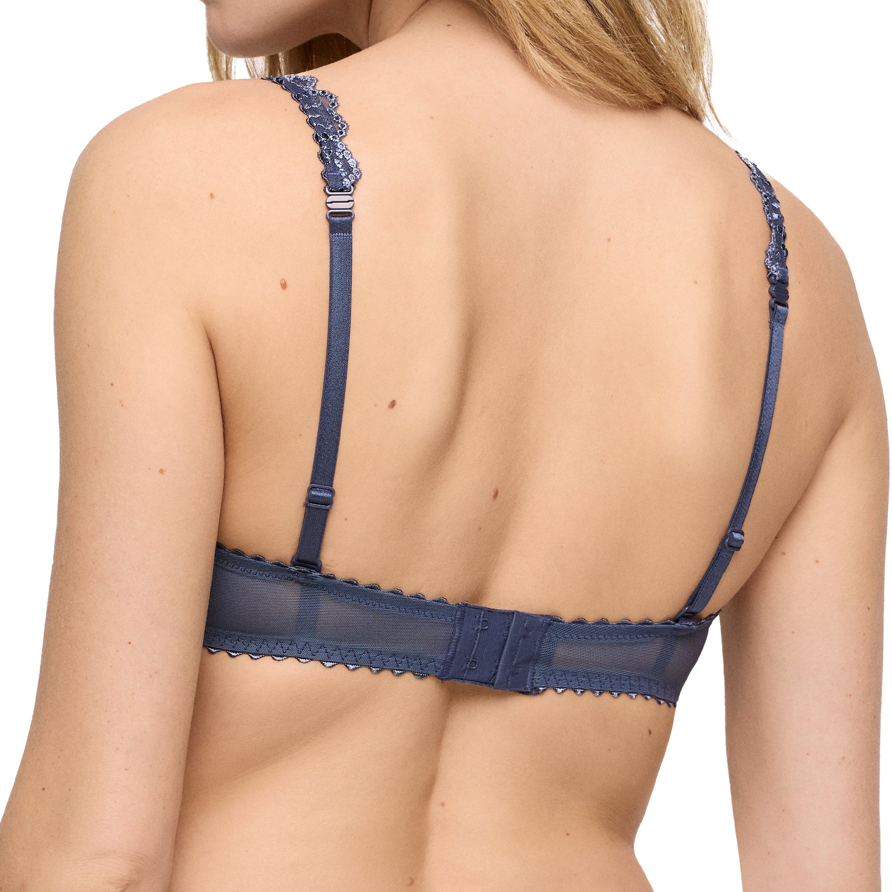 Back view of Blue Shadow bra showing adjustable straps and hook closure.