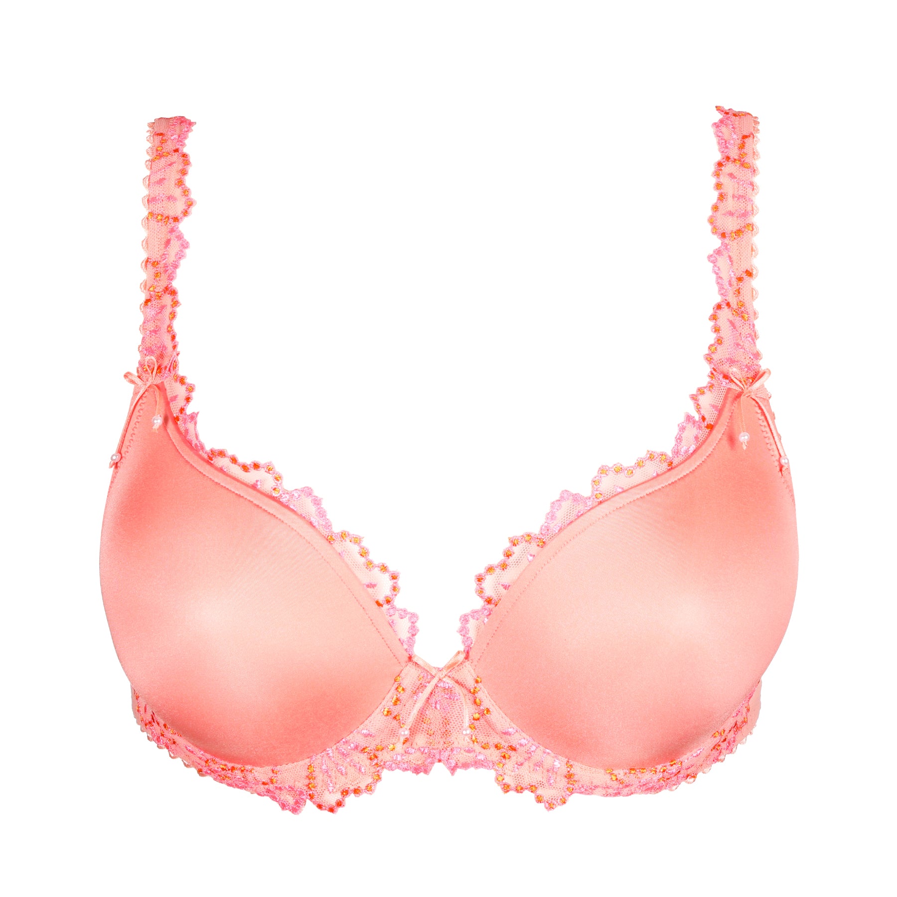 Heartshape bra with comfortably moulded cups and an elegant cut. Cheerful mix of orange and pink.