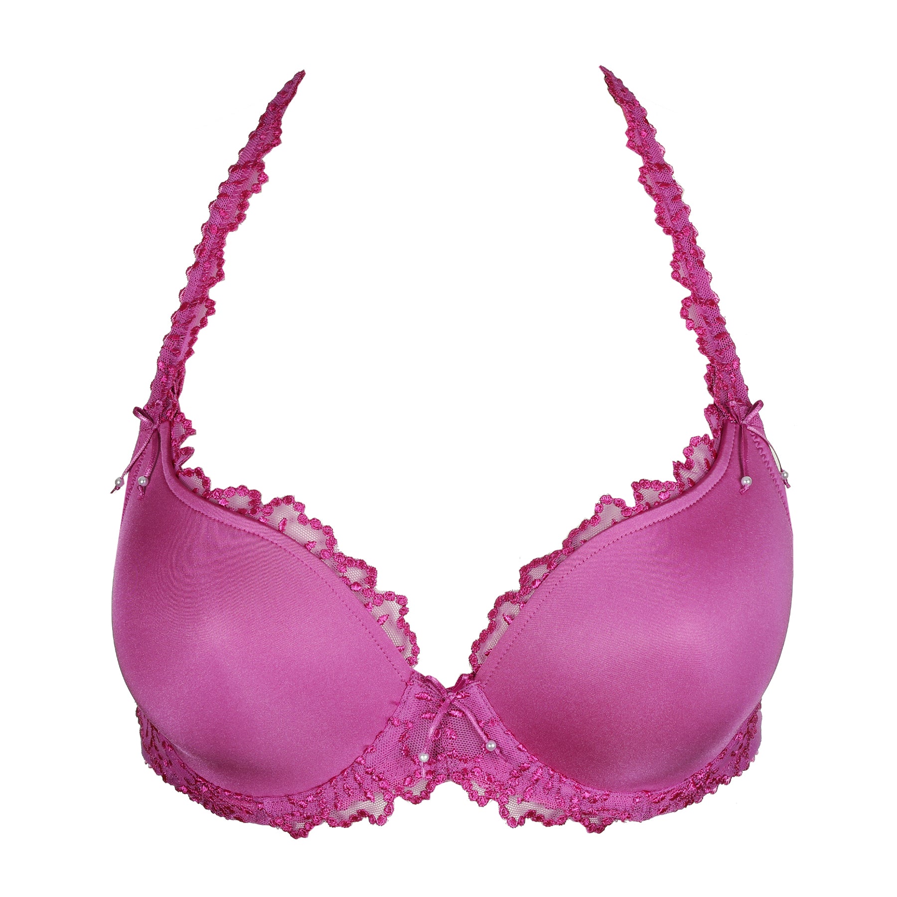 Front view of fuchsia lace underwire bra showing lace edging, centre bow detail, and smooth cup finish.