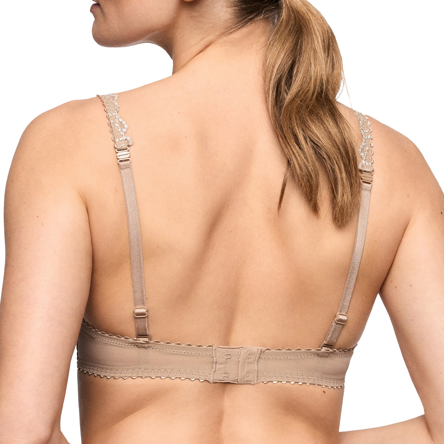 Back view of the Marie Jo Jane padded plunge bra in Sand with adjustable embroidered straps, secure hook-and-eye closure, and delicate lace trim.