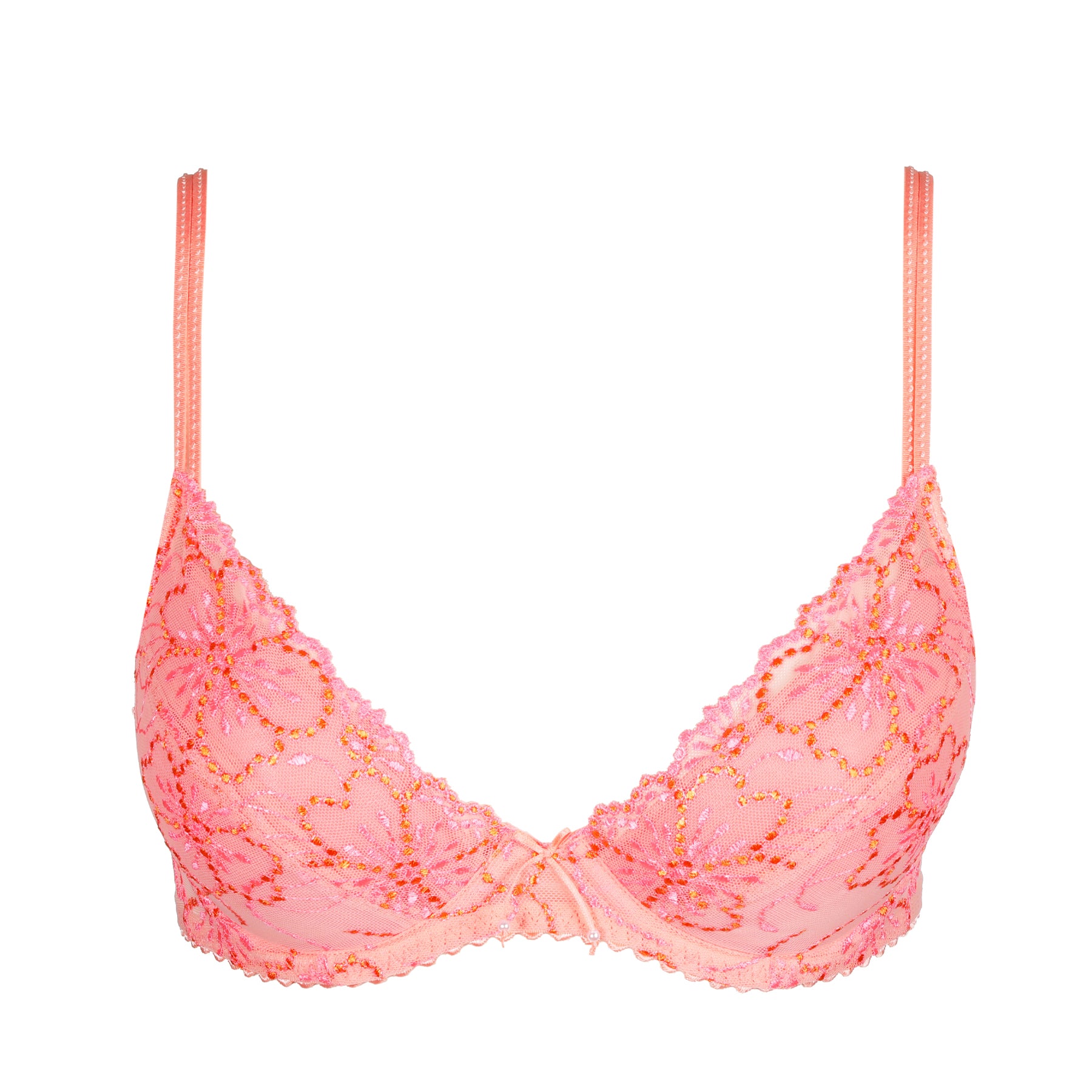 A floral embroidery bra by Marie jo in flay layout in peachy pink colour.