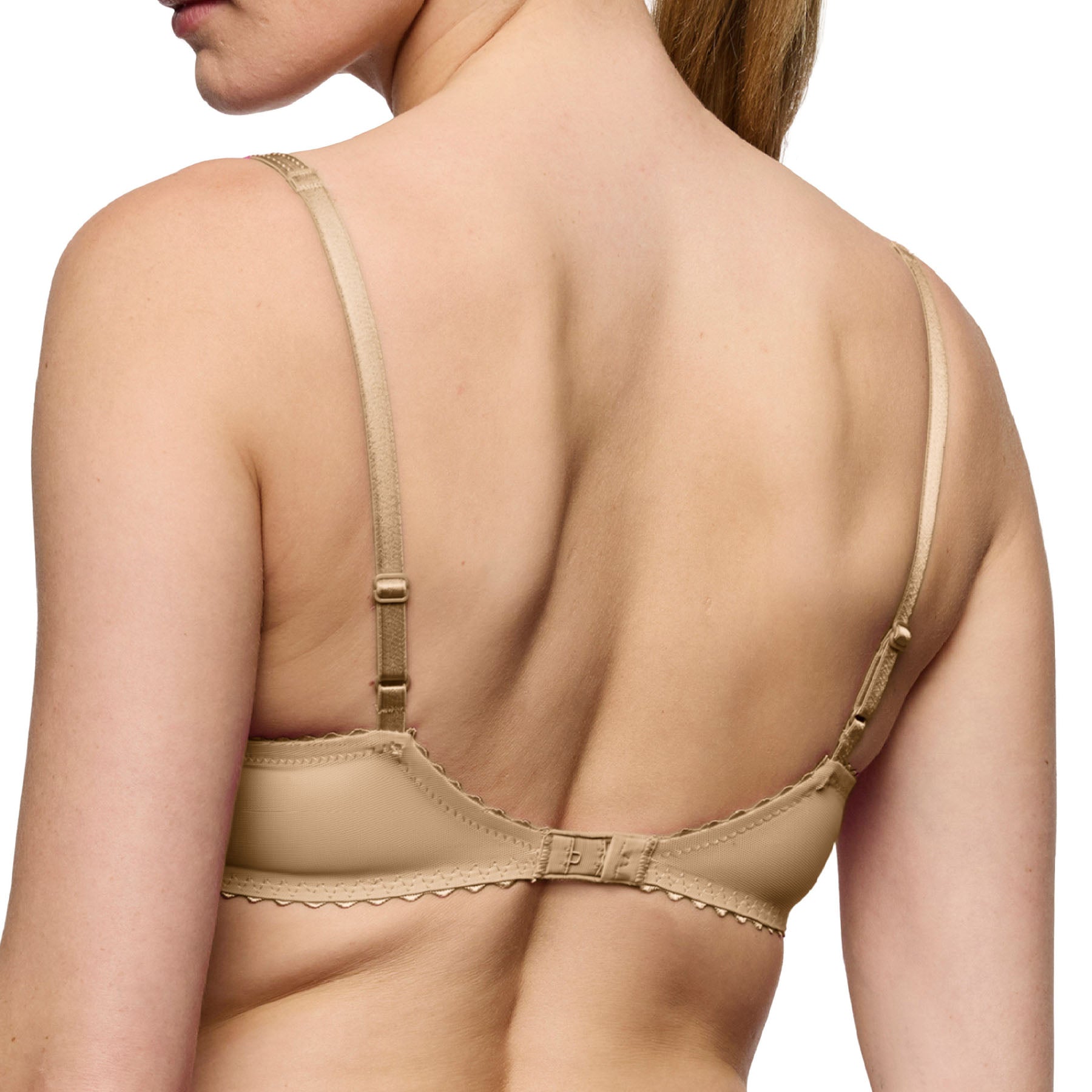Back view of the Marie Jo Jane padded balcony bra in Sand featuring adjustable double straps, smooth back band, and delicate embroidered lace detailing.